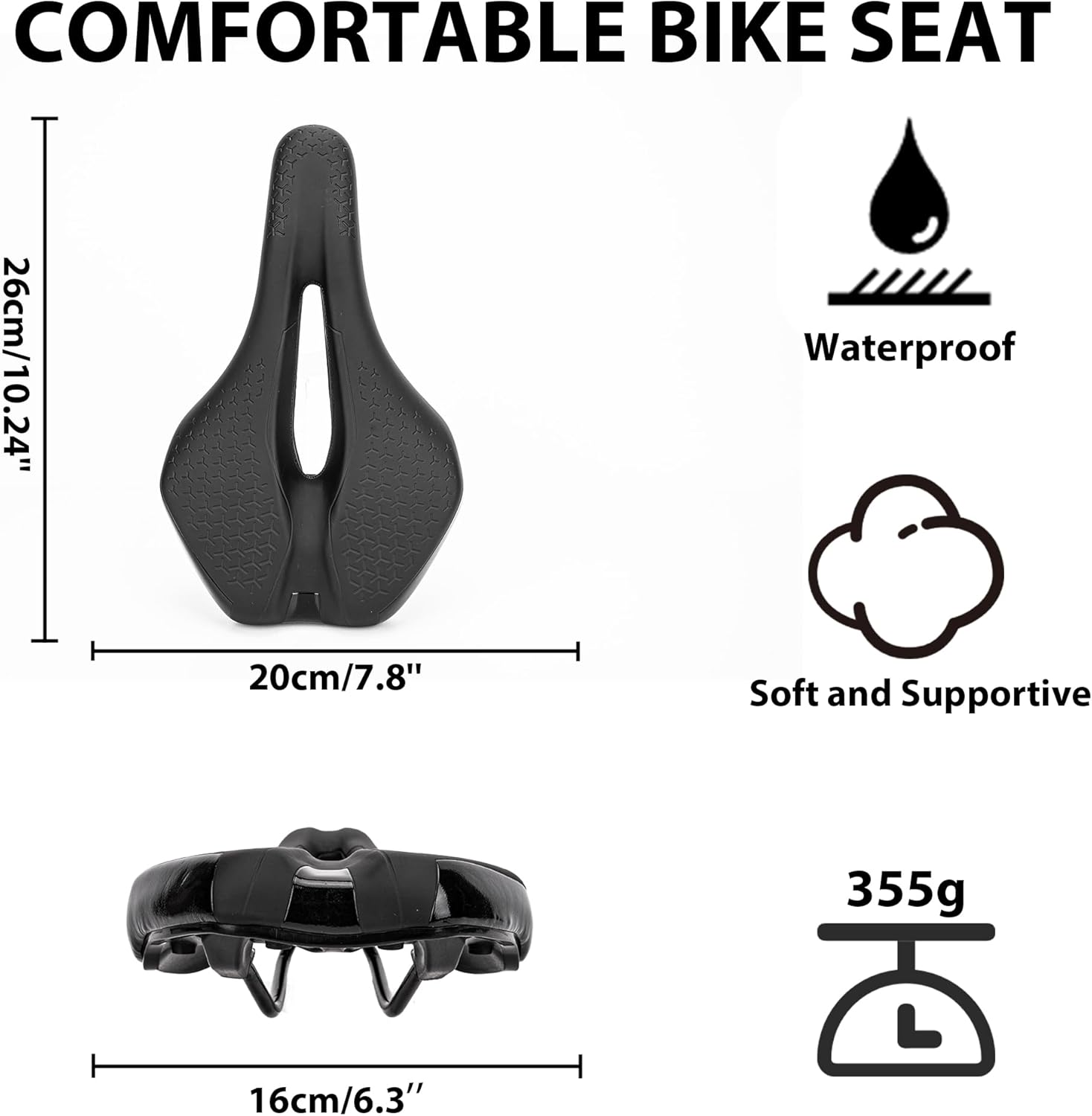 Bike Saddle, Ergonomic Hollow Bicycle Seat for Men & Women, Wide Padded MTB Road Bike Seat for Commuting, Hybrid & E-Bike (Universal)