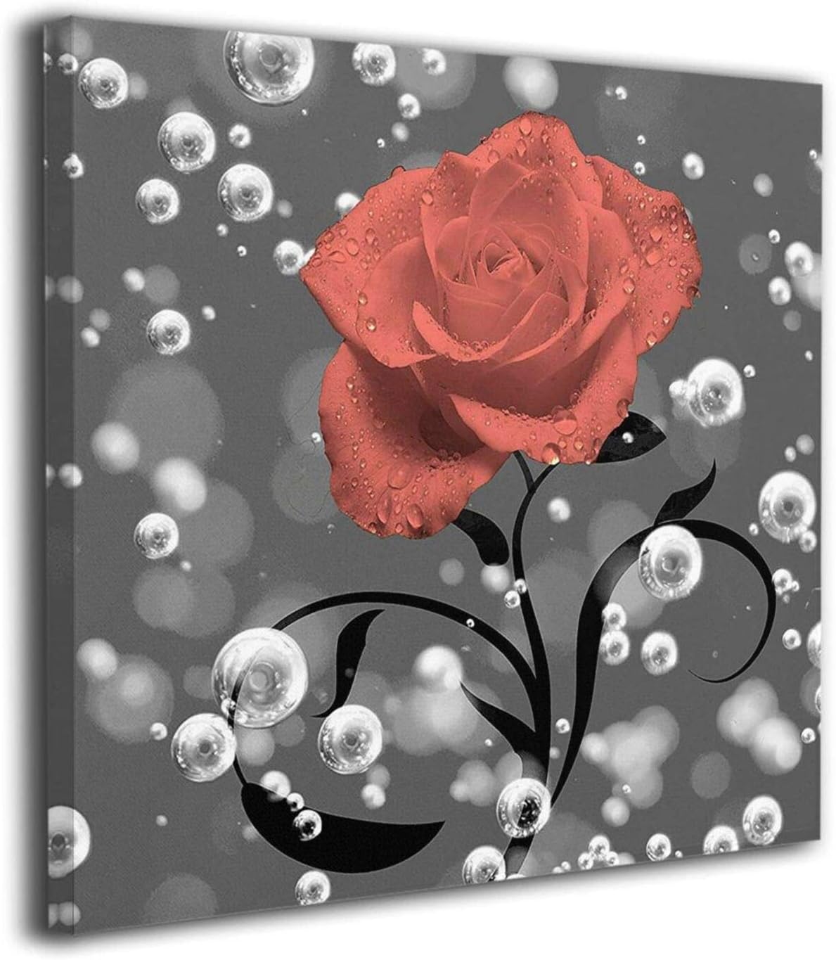 PARROT BEEK Coral Gray Bathroom Decor, Rose Flower, Bubbles, Wall Art Paintings Artwork with Framed Canvas for Living Room Bedroom Stretched Ready to Hang 12"X12"