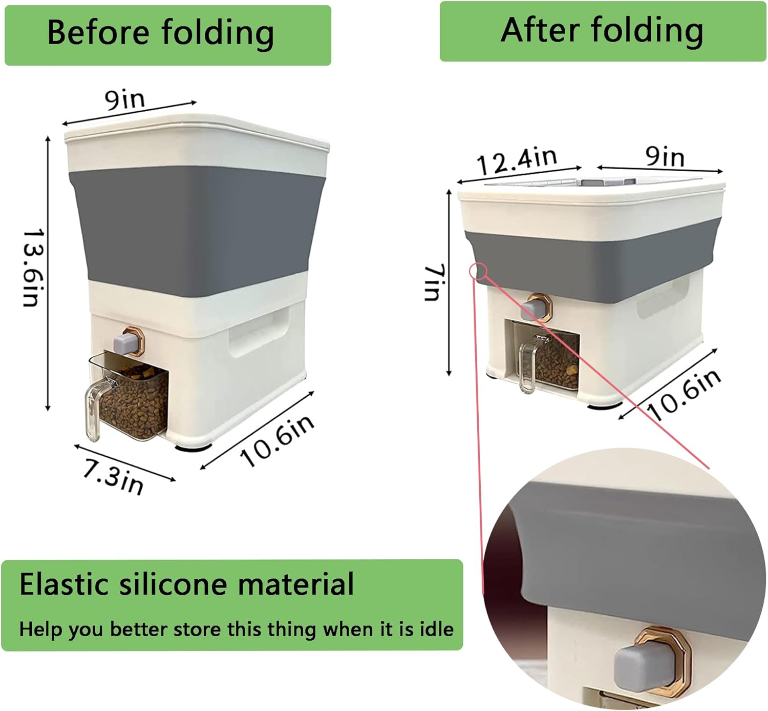 Collapsible Dog Food Storage Container, 25lbs Airtight Pet Food Dispenser, Moisture-Proof Cat Food Container with Automatic Button, Folding Plastic Grain Barrel for Small Pellet Dog Food, Cat Food