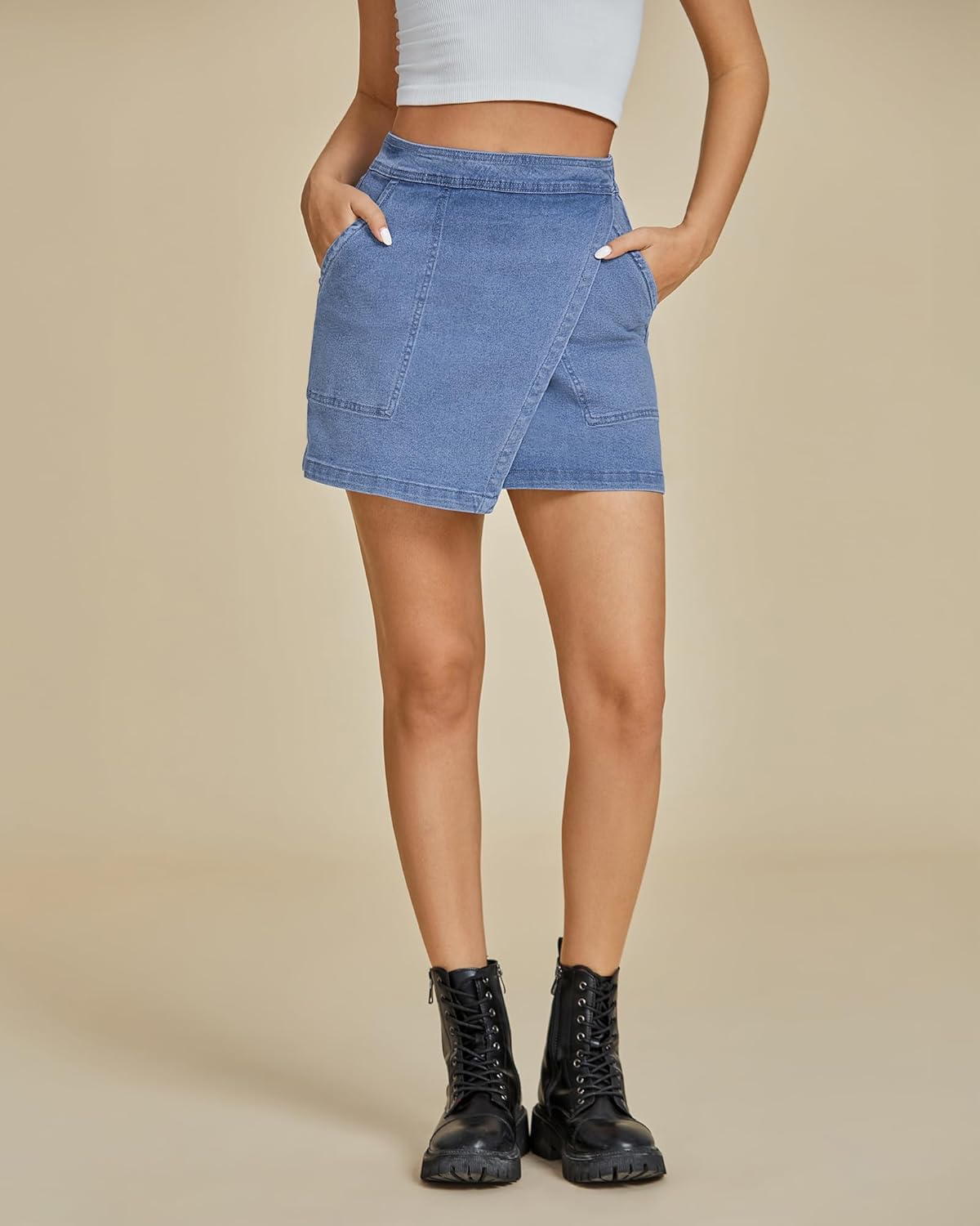 luvamia Jean Skirts for Women Denim Mini Trendy High Waisted Stretchy Asymmetrical Faux Wrap Short Skirt with Pockets - Image 7