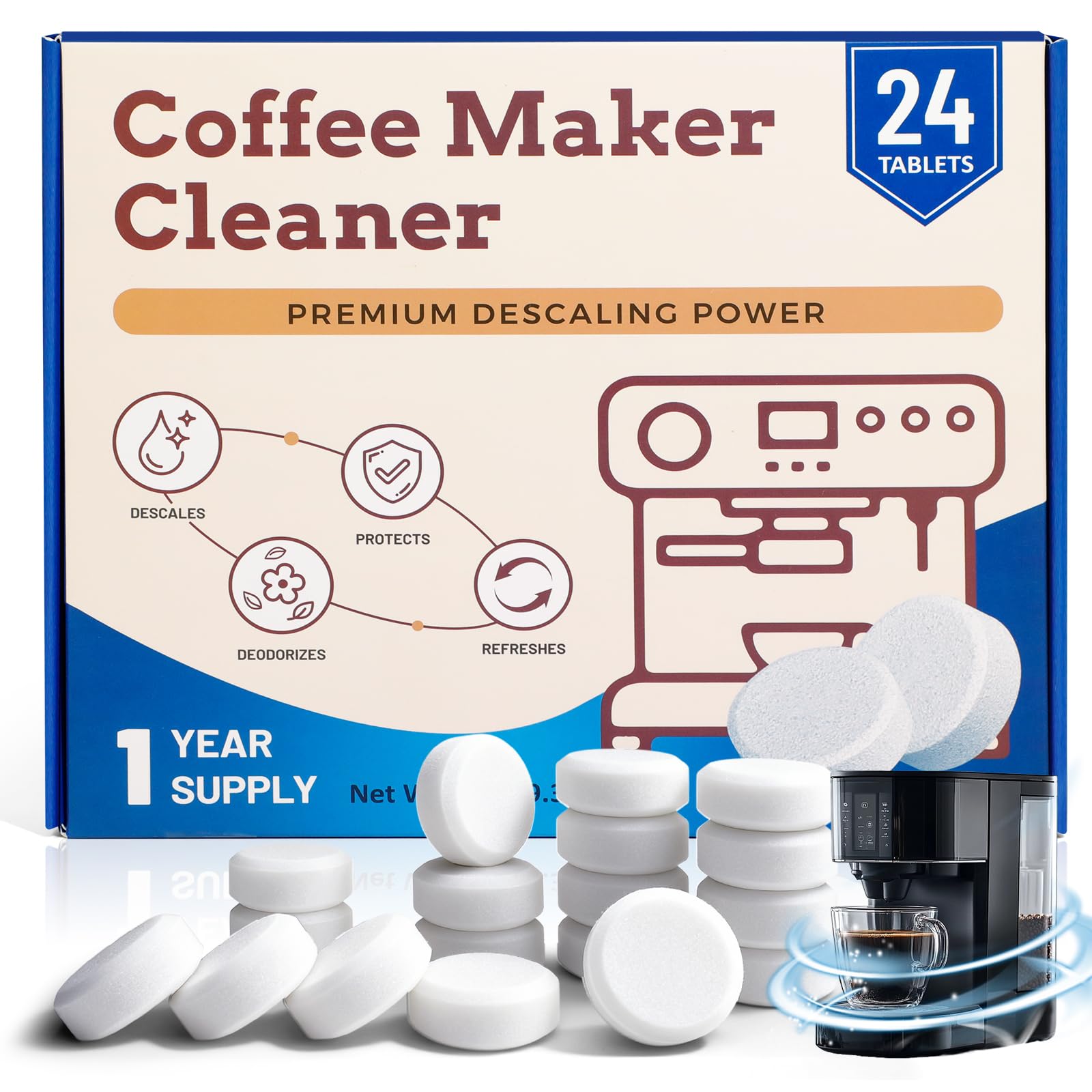 DERDUFT Coffee Machine Descaler Tablets 24 Pack – Fast-Dissolving Limescale Remover for Coffee Makers & Espresso Machines – Compatible With Nespresso, Tassimo, Melitta, Delonghi