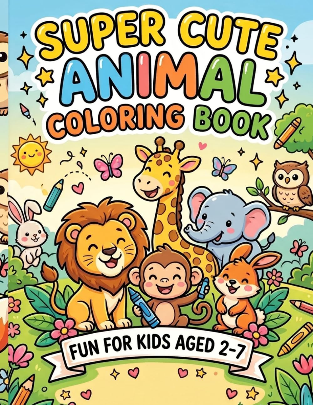 Super Cute Animals Coloring Book: Fun and Easy Coloring Pages with Cat, Dog, Rabbit, Elephant, Giraffe, Lion and More