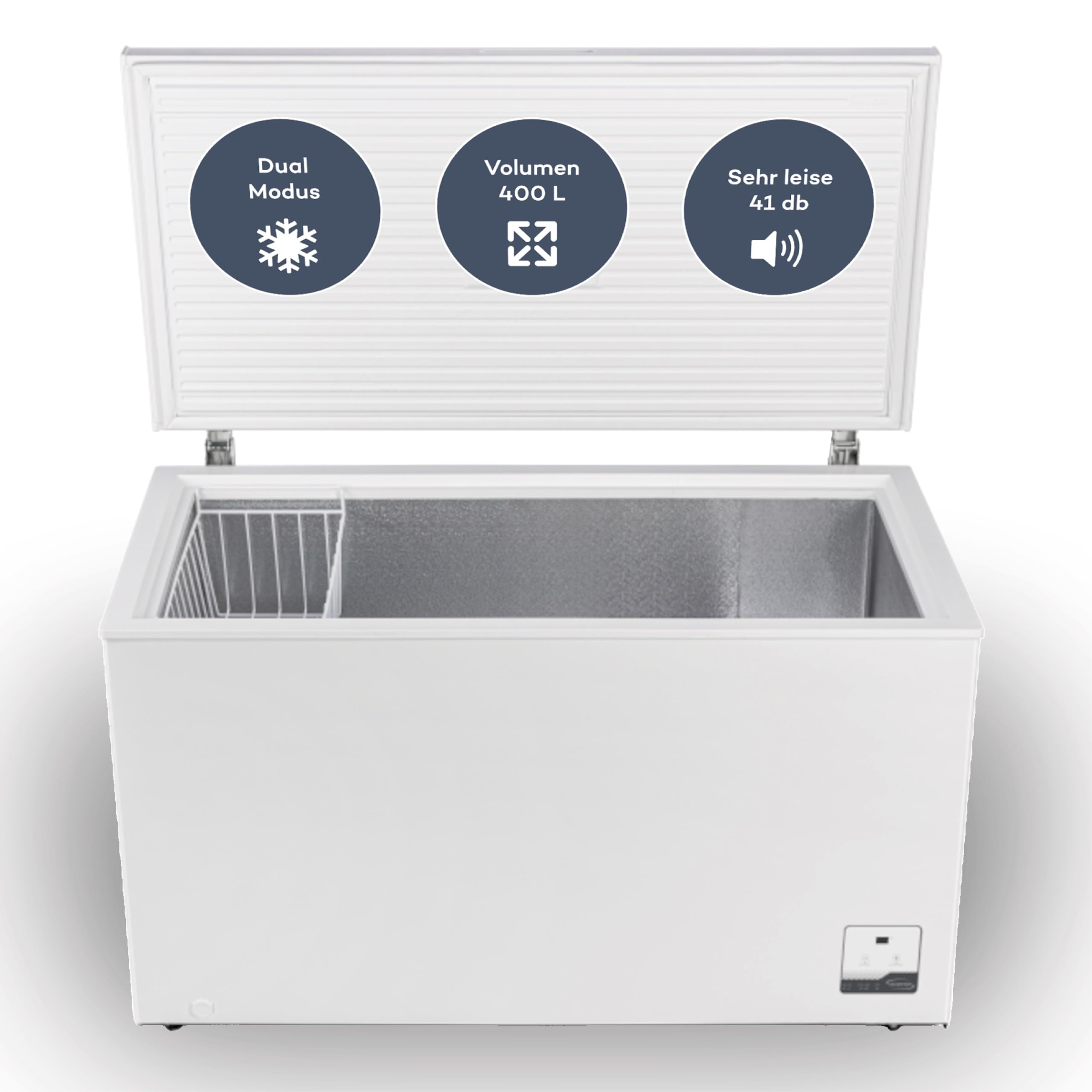 SCHOEPF – GT400S Gefriertruhe 400 L – Weiß – 83,5 x 136,5 x 73,5 cm – Dual Modus – Schnellgefrieren – 41 dB – 263 kWh/Jahr – 4-Sterne-Kennzeichnung – Freistehend