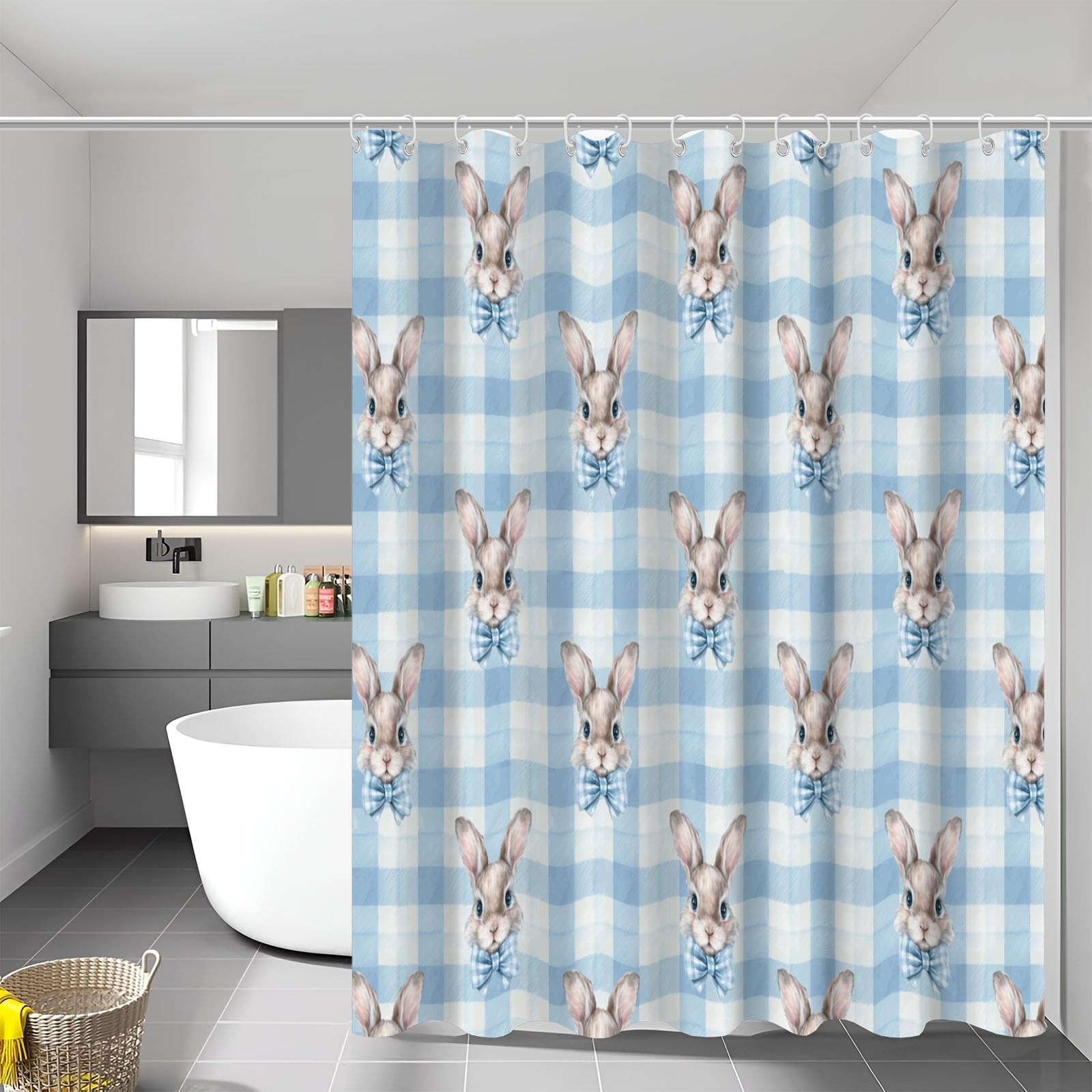 Rideau de douche rideau de bain motif lapin bleu ciel lavable en tissu polyester 180x180 cm