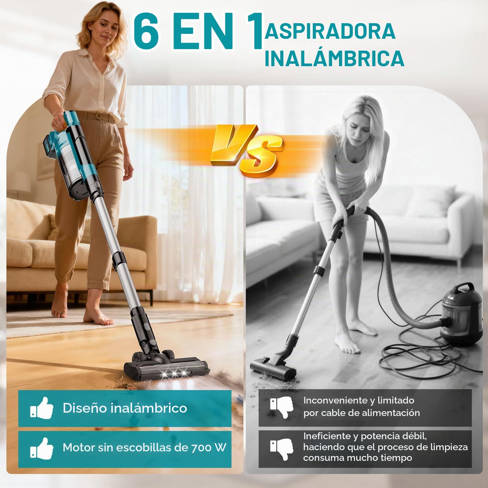 60KPA/700W Aspiradora Sin Cable Potente, 70Mins Escoba Aspiradora Sin Cable con Baterías Desmontables de 2 * 4,0Ah, Cepillo Anti-Enredo,Pantalla LED, para Mascotas/Suelos/Alfombras/Coche