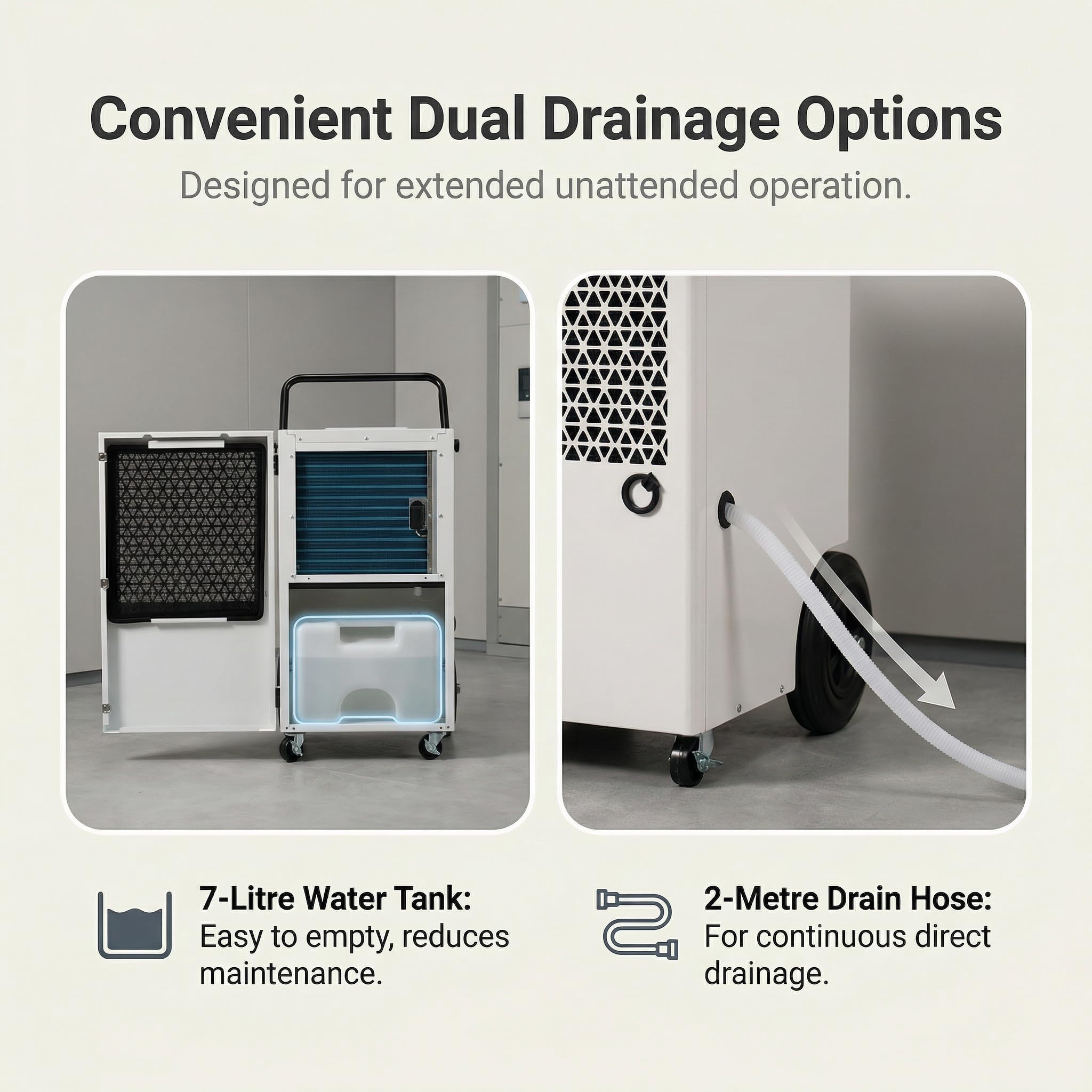 Deshumidificador Industrial Profesional 120L/Día : Deshumidificador Grandes Superficies 300m² con Depósito 7L Drenaje Continuo Pantalla Digital Ruedas para Garaje Sótano Baño