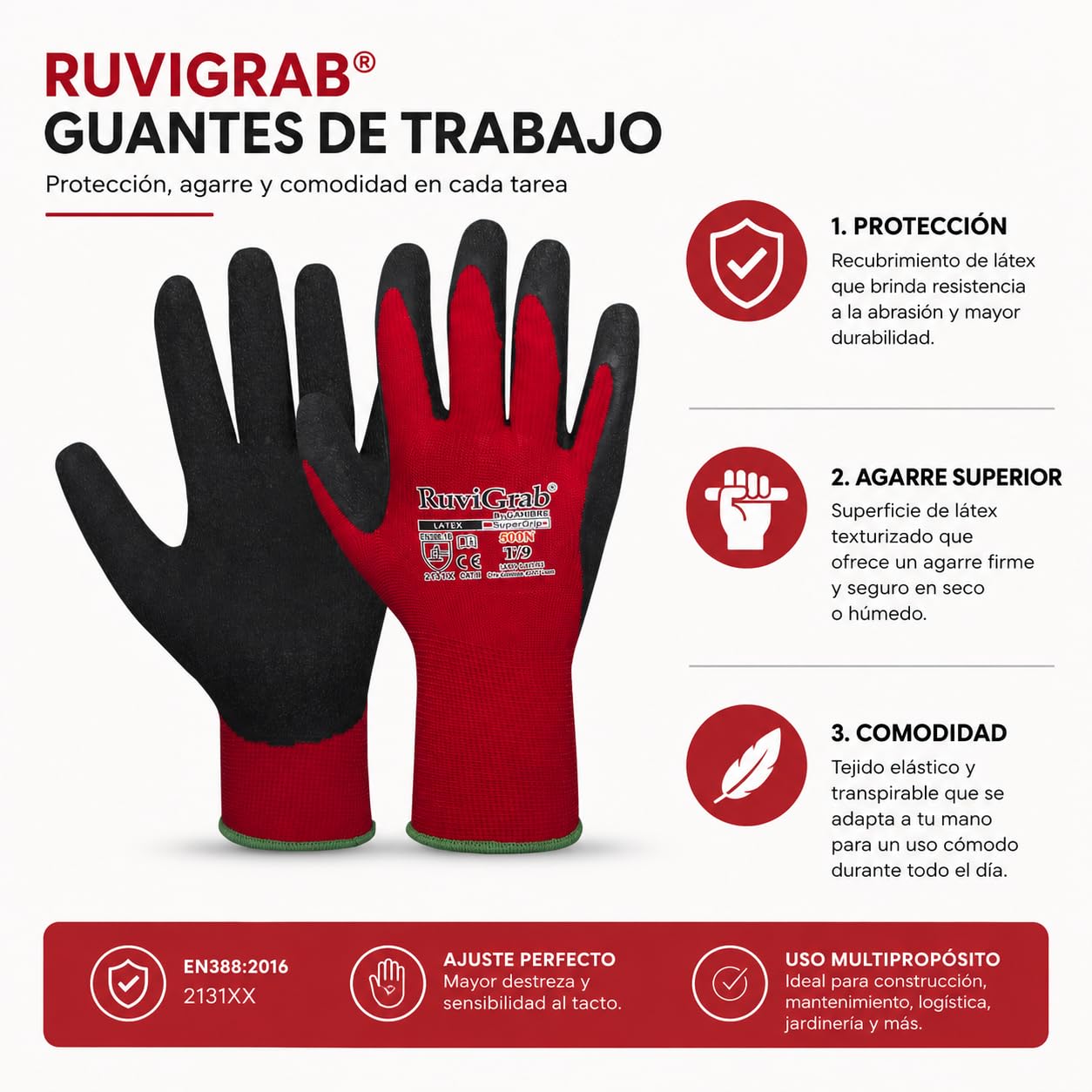 Ruvigrab - Guante de Trabajo de Látex | Guantes Antideslizantes | Guantes Jardineria | Guantes para Industria, Construcción, Agricultura o Uso General | Guante Trabajo Hombre y Mujer