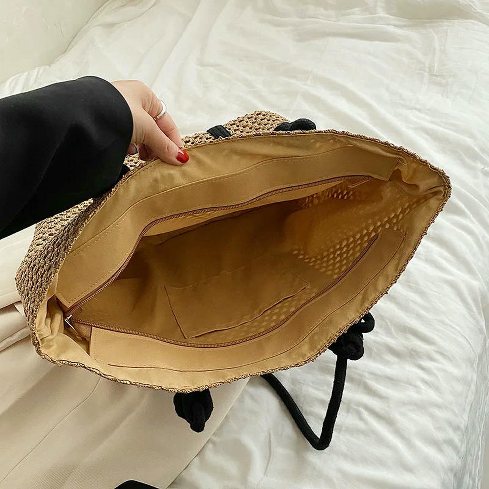 Borse di Paglia Borsa da Donna Elegante in Intrecciata Spiaggia per Le Vacanze Shopper Casual con Manico Superiore A Tracolla sotto Ascelle alla Moda-beige-37x14x34 Cm
