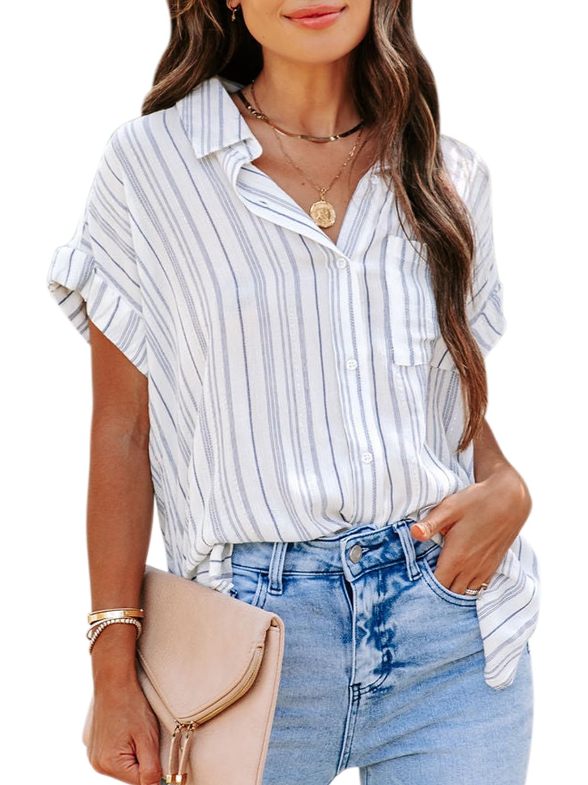 Womens Button Down Shirts Short Sleeve Summer Linen V Neck Collared Stripes Casual Blouses Tops with Pocket