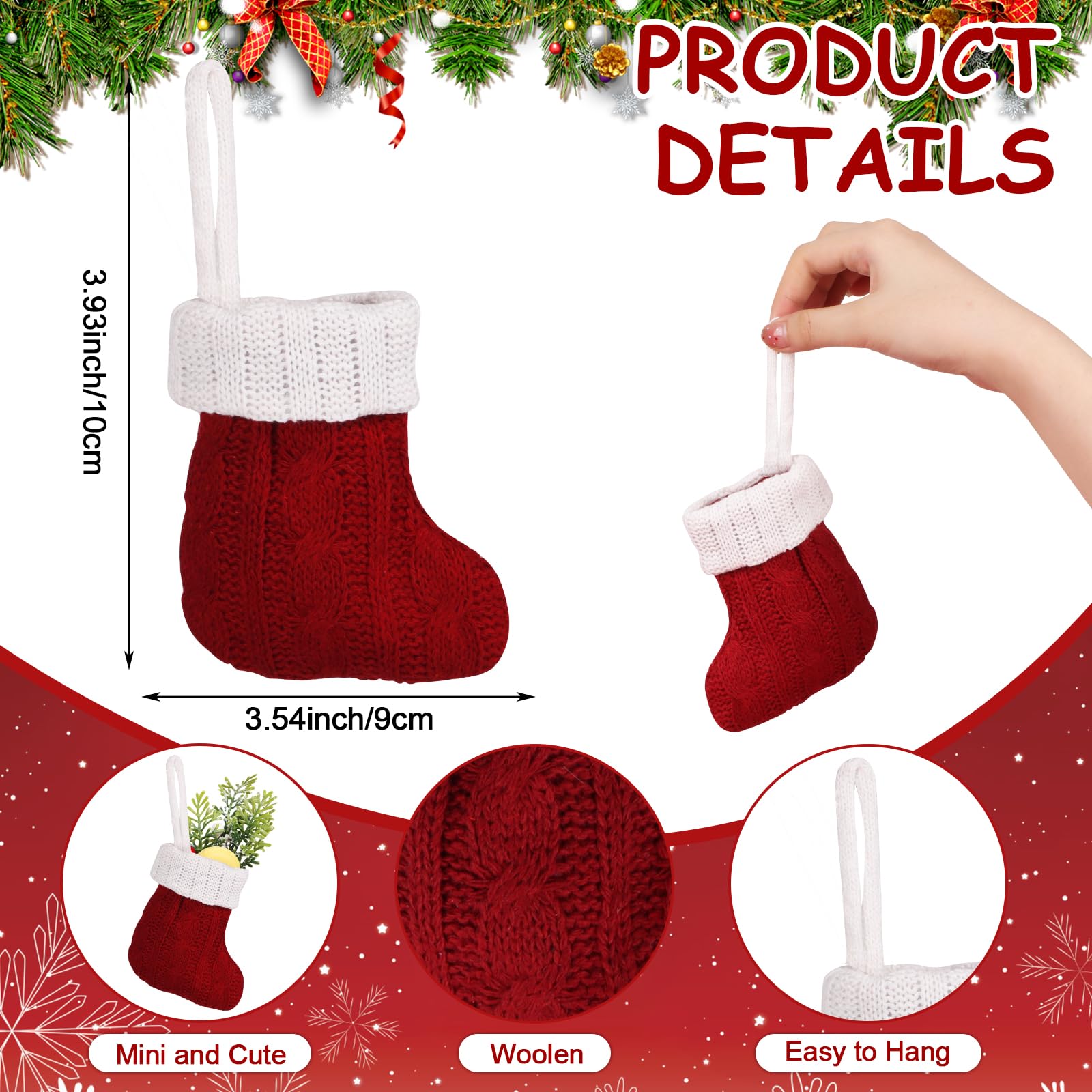 CCINEE Mini-Weihnachtsstrümpfe, rot, gestrickt, Weihnachtsstrümpfe, kleine Strick-Hängestrümpfe, Dekoration für Ferienhaus, Wand, Kamin, Weihnachtsbaumdekoration, 12 Stück