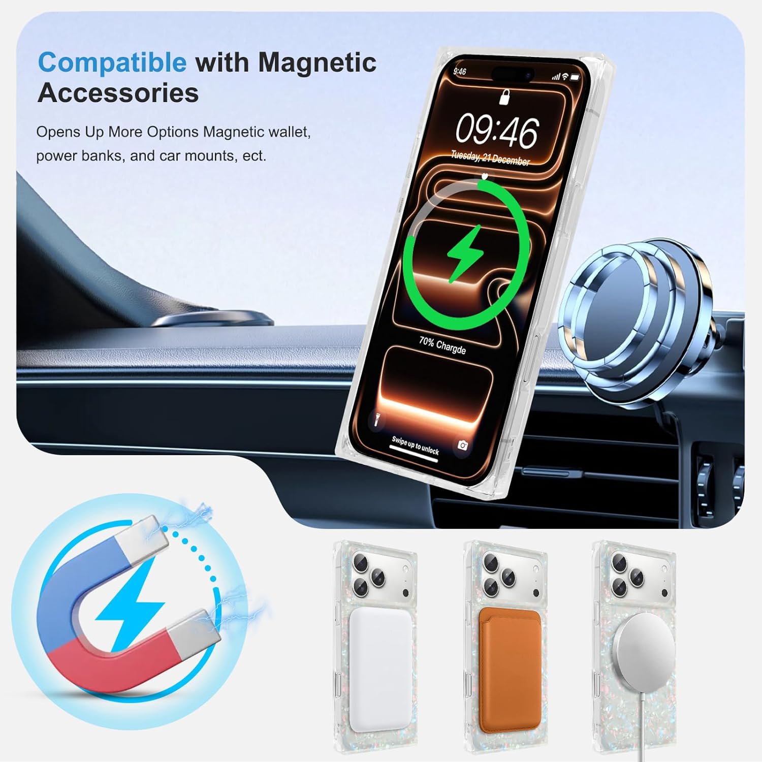 Rectangle Magnetic for iPhone 17 Pro Case, Luxury Iridescent Opalescent Mother of Pearl for Women Girls, Compatible with Magsafe, Cute Slim Sparkle Shockproof Protective Phone Case, Colorful