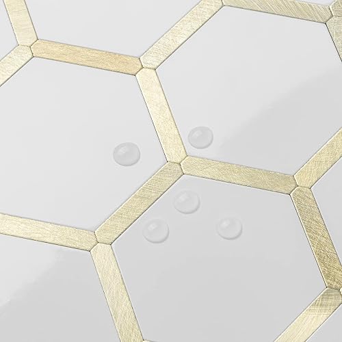 Miniatura 9 de DICOFUN Azulejos hexagonales de 10 hojas para despegar y pegar, aspecto de mármol blanco, azulejos de mosaico de metal plateado mezclado con PVC