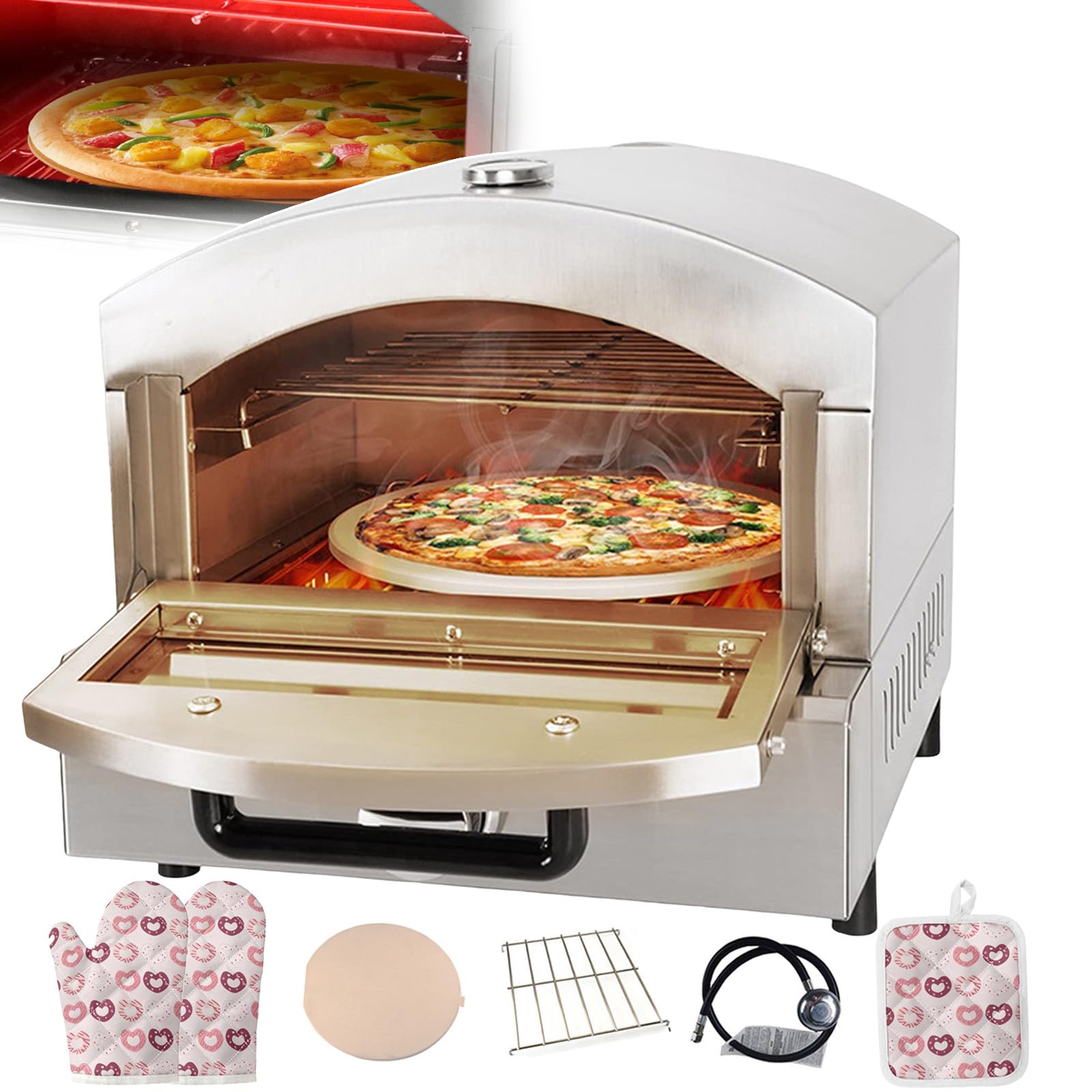 Forno Elettrico per Pizza da 14 Pollici, Forno Tostapane Commerciale A Doppio Cassetto per Pizza, Pizzaiolo in Acciaio Inossidabile con Pietra per Pizza E Guanti Antiscottatura