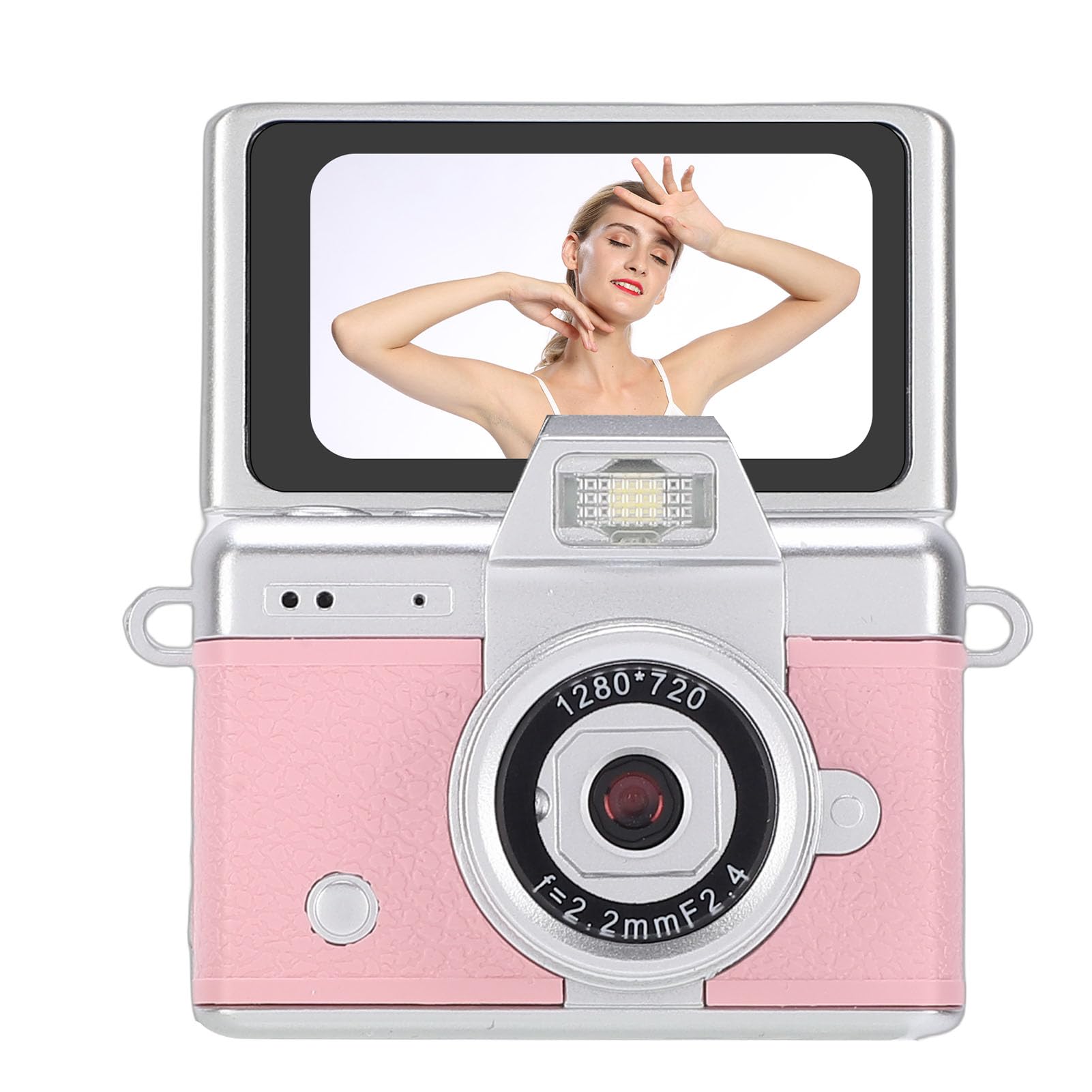 Keychain Digital Camera, 1080P Pockets Size Vintage Camera with 180 Flip Screen, Mini Necklace Cameras Wide Angle for Travel Video Recording (Pink)-image-9