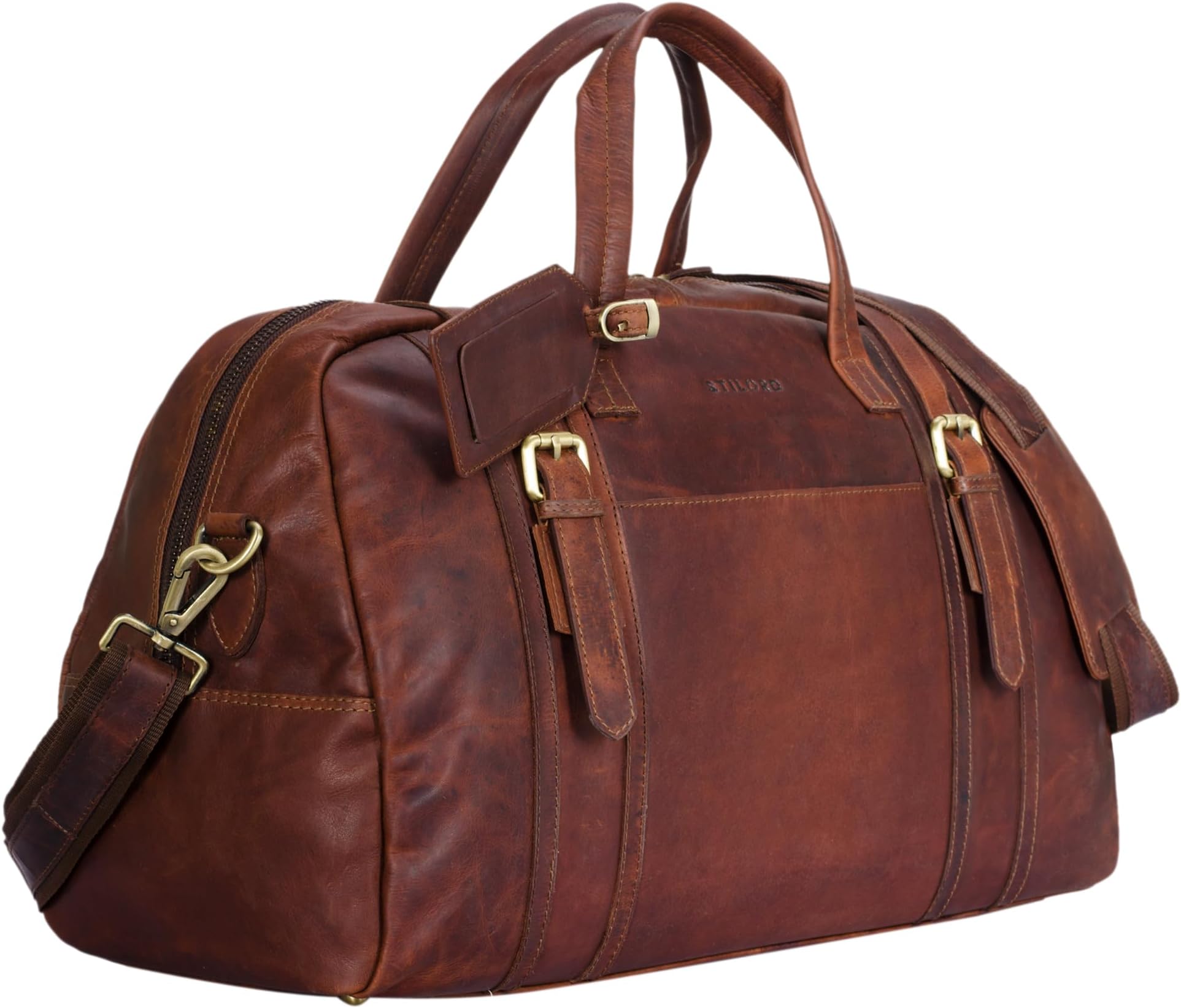 Georgia' Large Vintage Leather Travel Bag with Carry Handle and Shoulder Strap Travel Luggage Hand Luggage in Cabin Size Made of Genuine Buffalo Leather, Cognac - Dark Brown, L, Travel Duffle