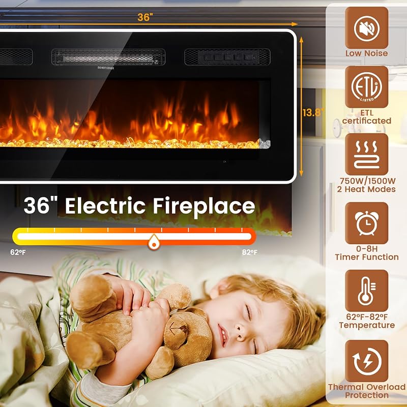 MXV 70" Fireplace TV Stand for TVs up to 80", Modern Entertainment Center with 36" Electric Fireplace, Built-in Power Outlet, 12-Color LED Lights, Black TV Console for Living Room, Black-Black image 6