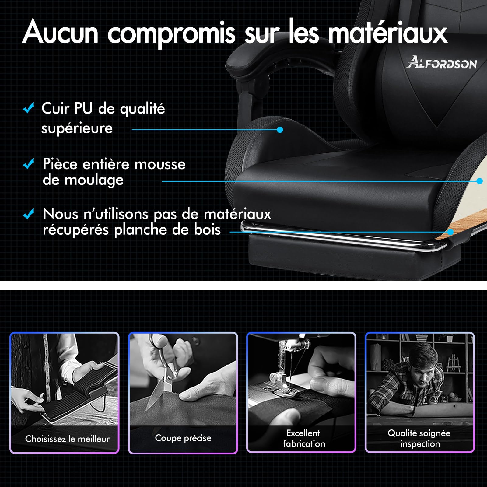 ALFORDSON Chaise de jeu massante avec LED, ergonomique, inclinaison de 150°, repose-pieds escamotable, en similicuir PU, hauteur réglable, capacité 180 kg, Noir