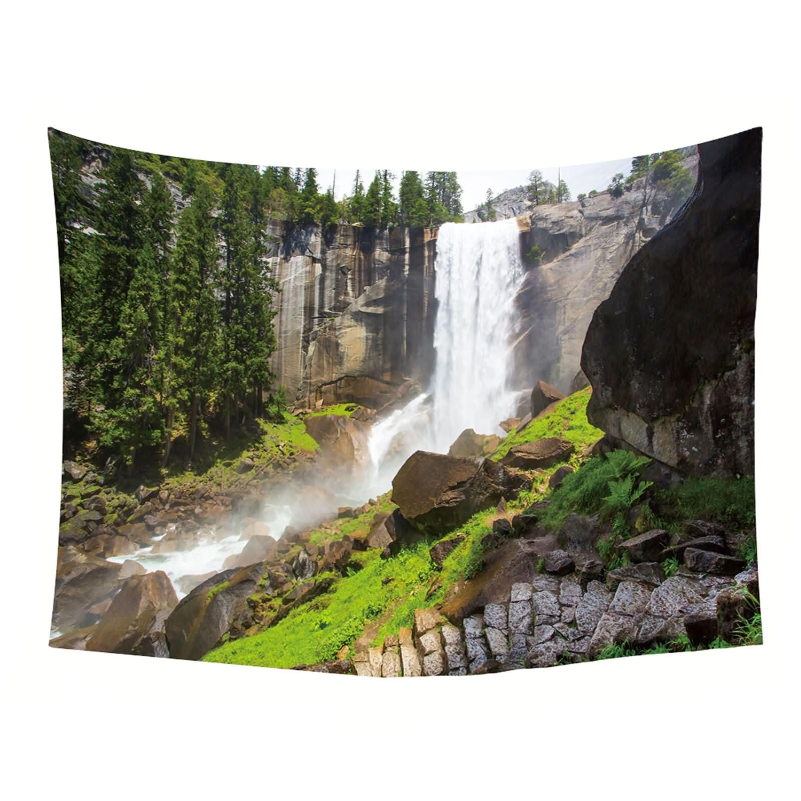 Homxi Tapiz para Sofá 200 W x 200 H CM, Cascada y Árboles, Tapices de Sofá Poliéster, Gris Verde
