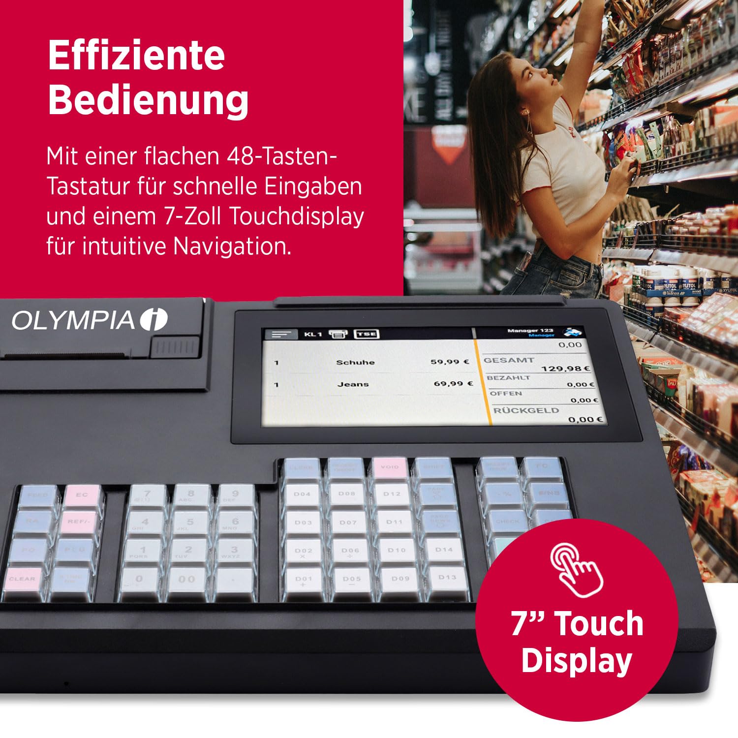 Olympia K200 Registrierkasse Touchdisplay 7 Zoll Android 11 58 mm Thermodrucker Hubtastatur 48 Tasten LED-Anzeige