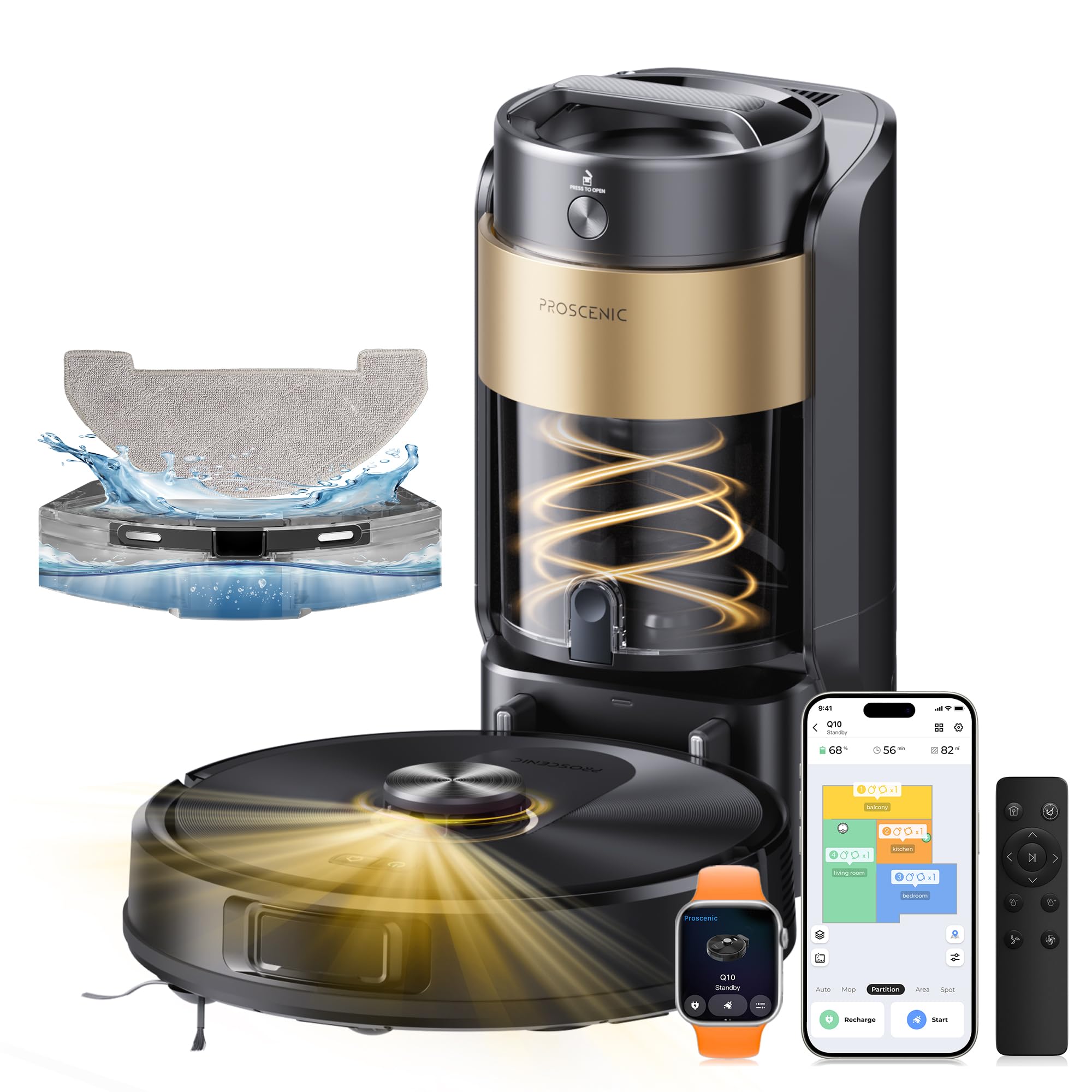 Proscenic Q20Plus Saugroboter mit Wischfunktion, 10000Pa 200min Staubsauger Roboter mit Beutellose Entleerungsstation, 3-in-1 Saug und Wischroboter für Tierhaare, Teppiche, Hartböden, Schwarz