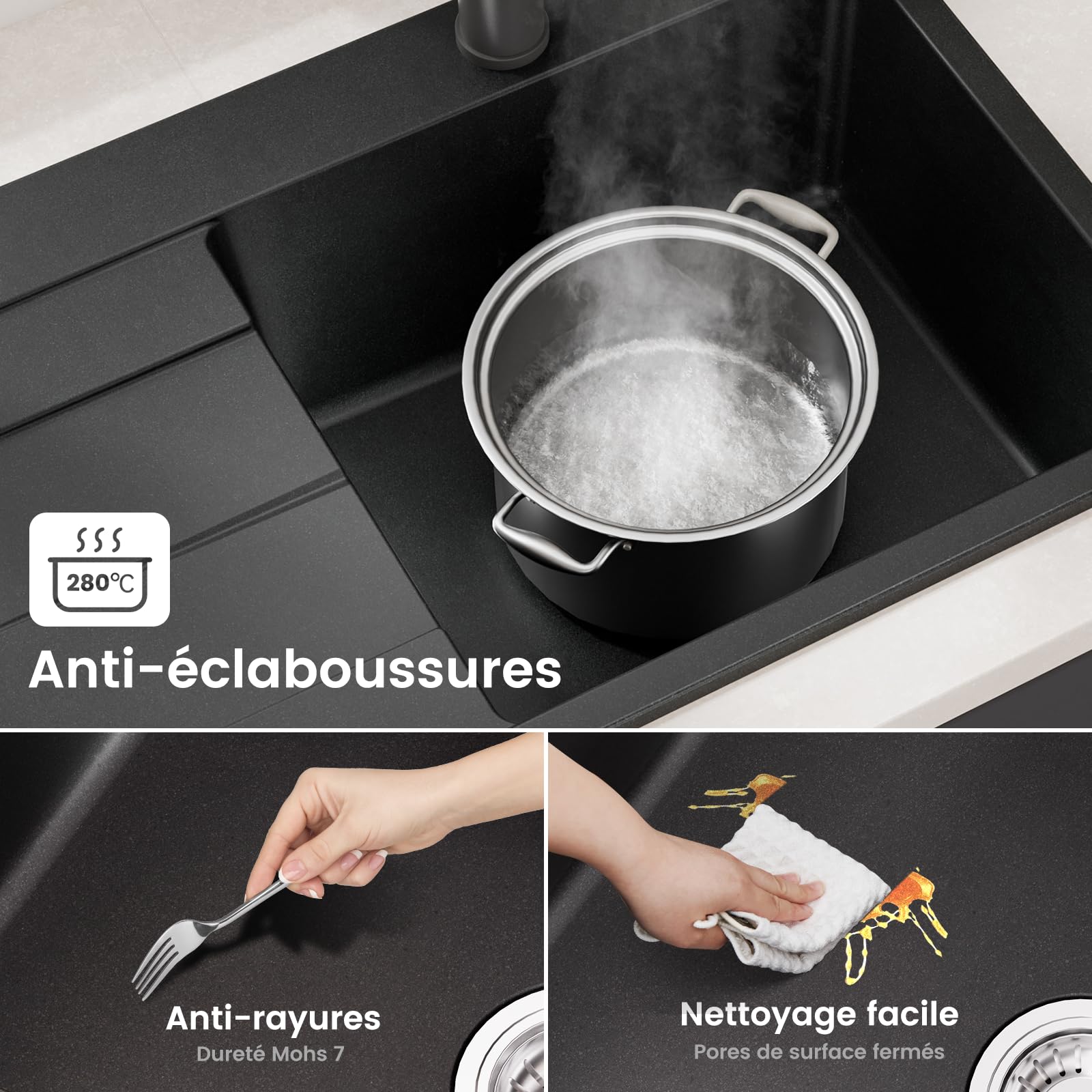 CECIPA Évier de cuisine 78 x 45 cm - Noir - En granit avec égouttoir - Pour armoires inférieures de 45 cm de large - Avec siphon et trop-plein