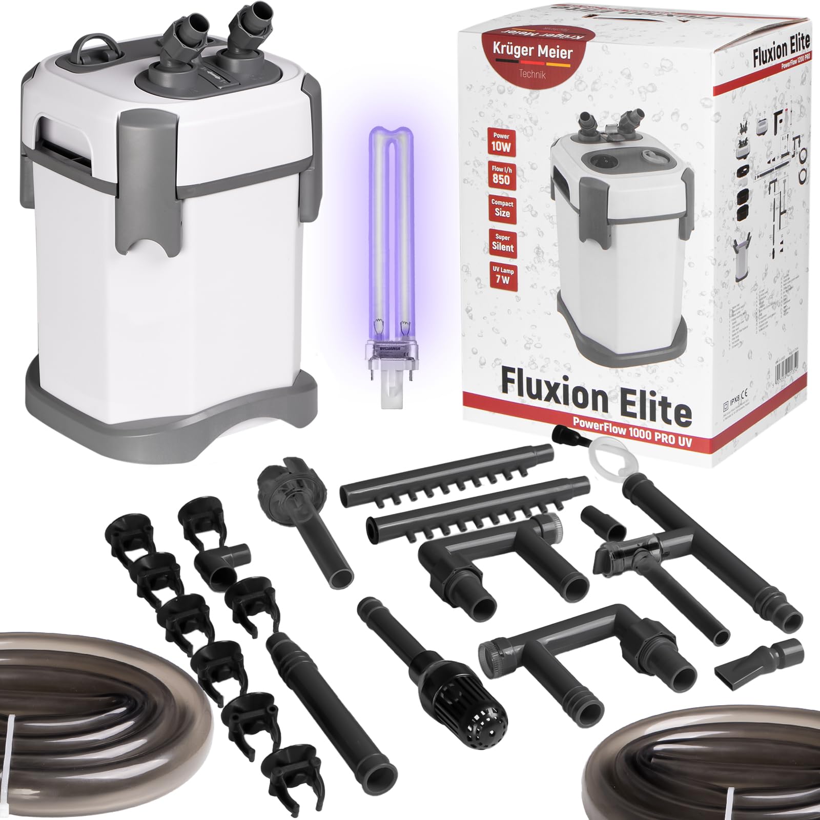 Fluxion Elite 1000 UVC PRO Außenfilter für Aquarium 80–180L, mit 7W UV-Klärer, 2 Filterkörben, regulierbarem Durchfluss, leiser Aquarienfilter