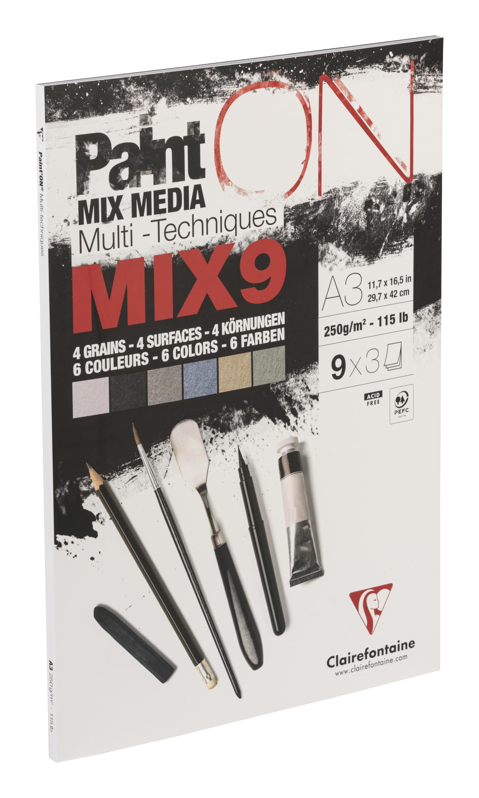 Clairefontaine 960078C - PaintON MIX9 Multi-Technique Glued Pad - 27 Sheets of Multi-Technique Drawing Paper - Assorted 9 Papers x3 Sheets - A3 29.7x42 cm 250g