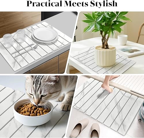 Miniatura 7 de Tapetes grandes de secado de platos de piedra para encimera de cocina, 24 x 16 pulgadas, patrón de mármol, tapete de secado rápido plegable de