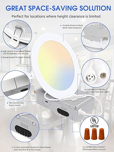 Miniatura 5 de Paquete de 6 luces de techo empotrables LED ultrafinas 5CCT de 6 pulgadas con caja de conexiones, 2700K3000K4000K5000K6500K seleccionables, brillo