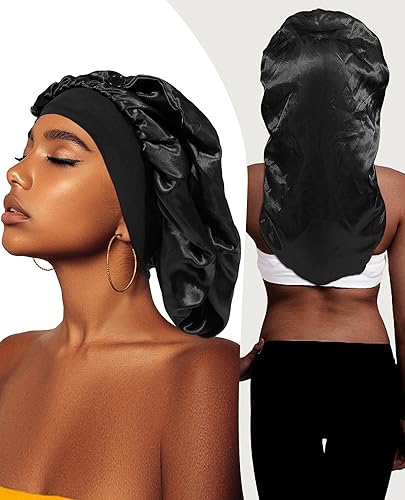 Miniatura 3 de AWAYTR Gorro largo de satén para mujer, gorro de seda de 2 capas para trenzas, gorro de dormir elástico con gorro de noche de banda ancha (negro)