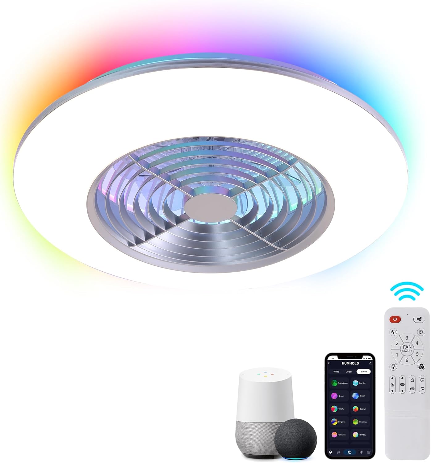 HUMHOLD Low Profile Ceiling Fan with Lights - 24" Smart LED Bladeless Ceiling Fans Remote with Alexa/Google Assistant, Modern Flush Mount RGB Ceiling Fan for Bedroom/Living Room 2# 24 Inch RGB Backlight, Smart Model | Silver