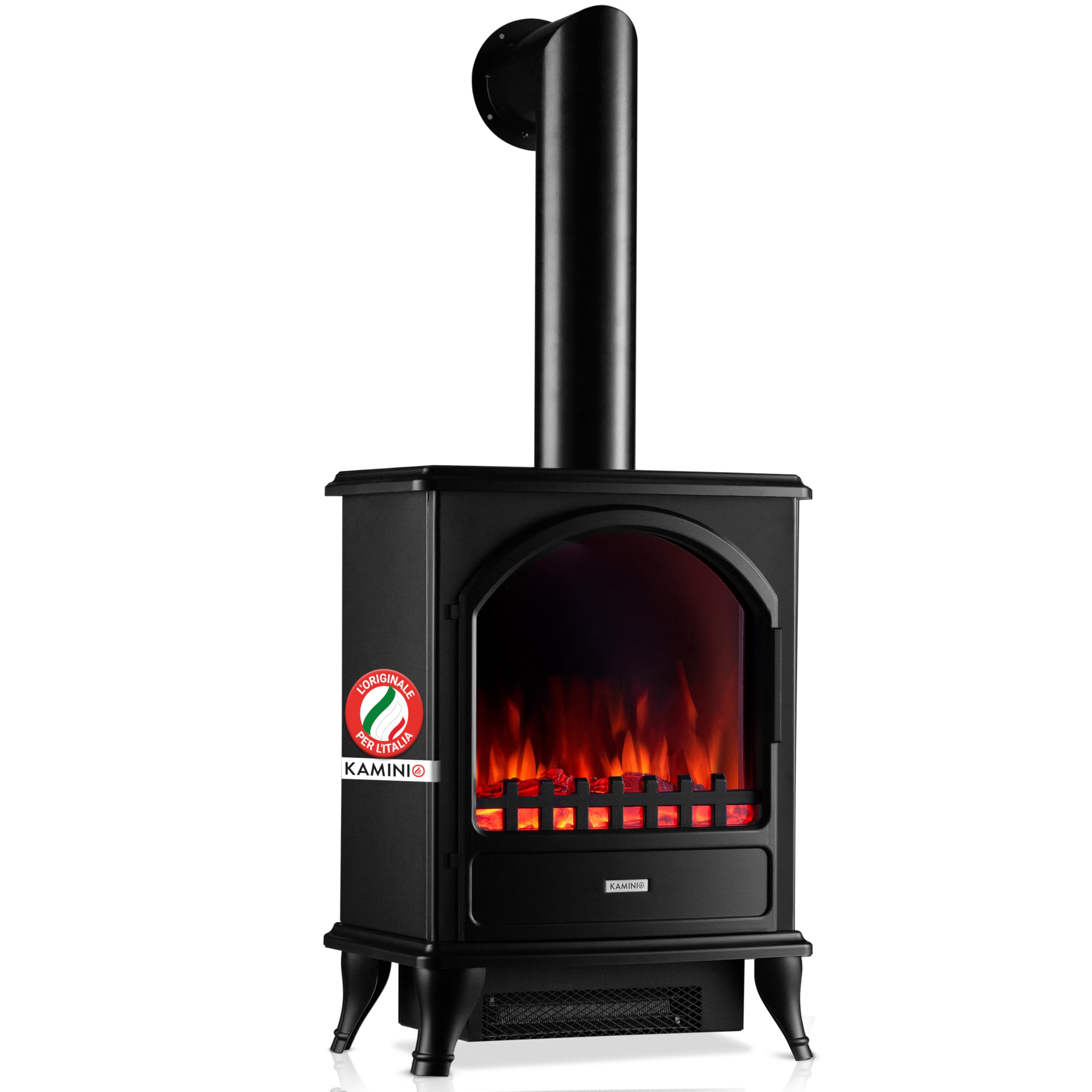 KAMINIO Camino elettrico LENI con tubo del camino - Stufa elettrica con riscaldamento, effetto fiamma 3D (Nero)