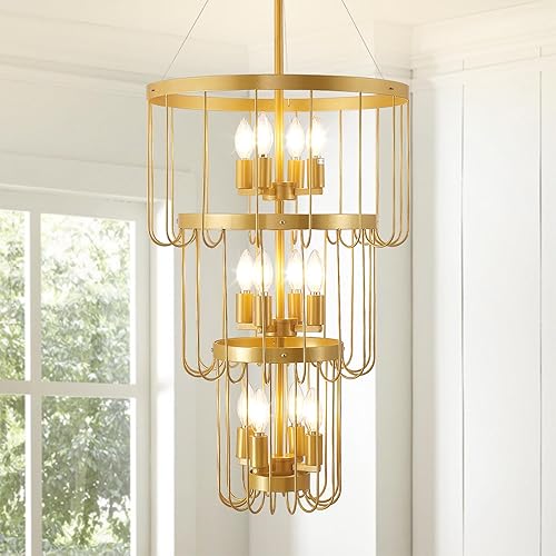 Miniatura 16 de WJShome Lámpara de araña negra y dorada de 31.5 pulgadas, lámpara moderna de 12 luces para entrada, lámparas colgantes redondas, candelabros grandes