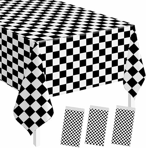 Paquete de 3 manteles rectangulares de plástico a cuadros en blanco y negro de 54 x 108 pulgadas, manteles desechables para auto de carreras, fiesta Paquete de 3 manteles rectangulares de plástico a cuadros en blanco y negro de 54 x 108 pulgadas, manteles desechables para auto de carreras, fiesta