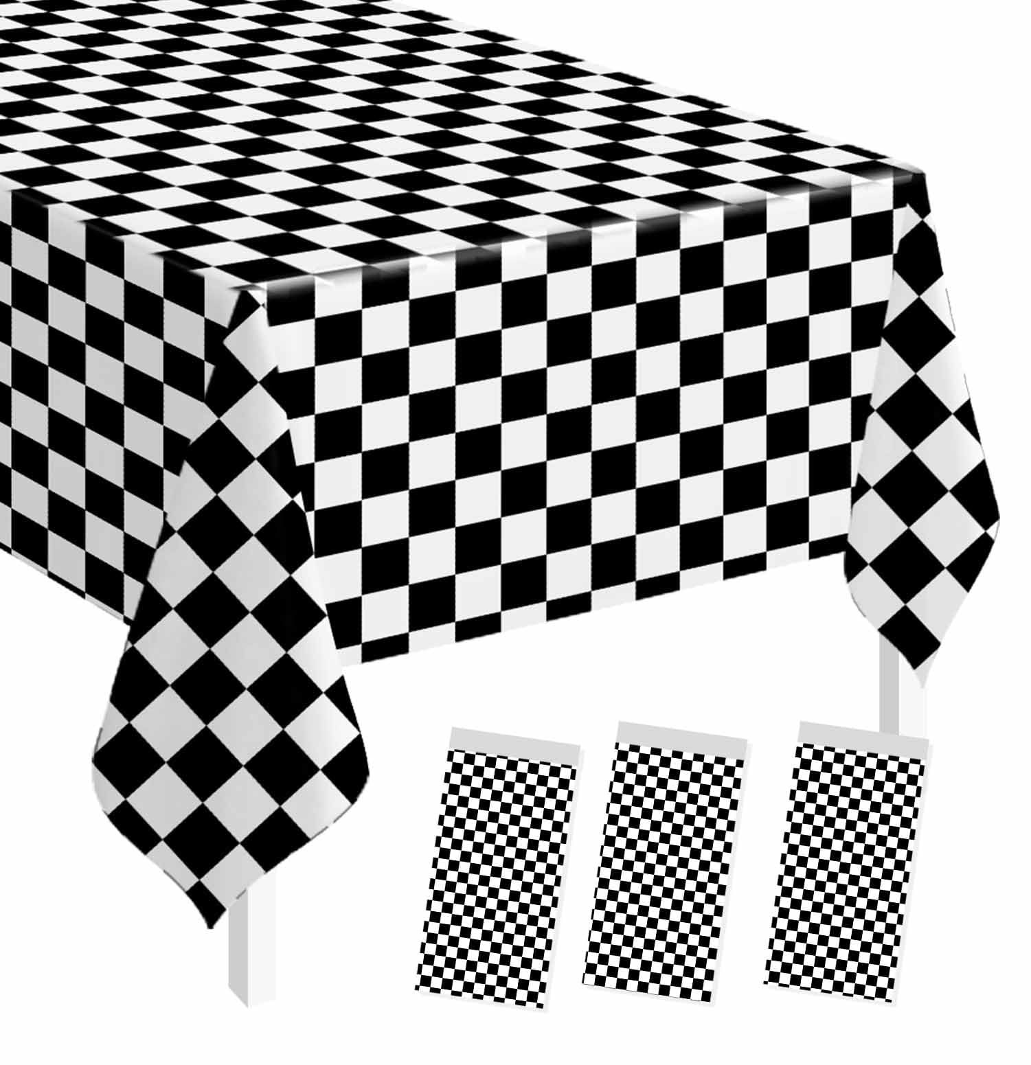 SietDESEO 3 Pack Checkered Tablecloth Plastic Rectangle 54 x 108 Black and White Checkered Flag Table Cloth Disposable Plaid Table Cover for Race Car Birthday Baby Shower Picnic Party Supplies
