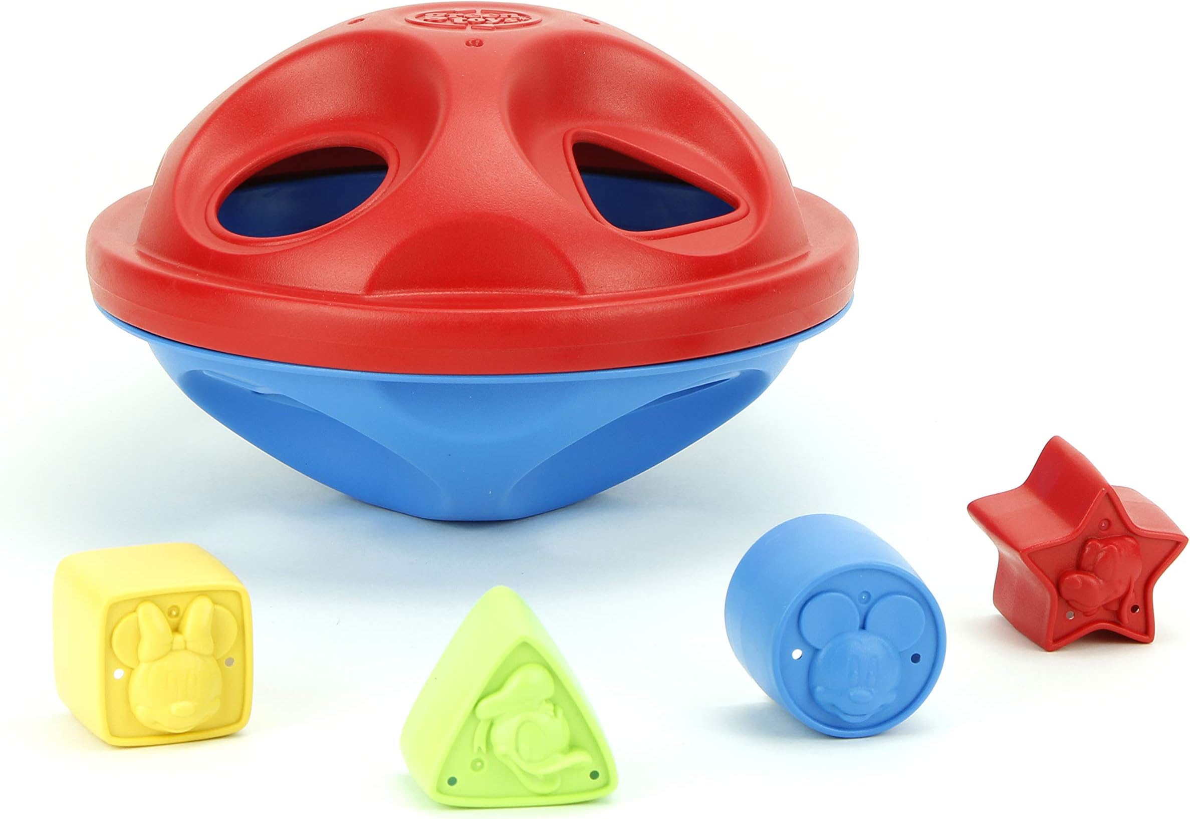 Green ToysDisney Baby Mickey Mouse & Friends Shape Sorter - 6 Piece Motor Skills, Shape & Color Recognition, Kids Sorting Toy. No BPA, phthalates, PVC. Dishwasher Safe, Recycled Plastic, Made in USA.