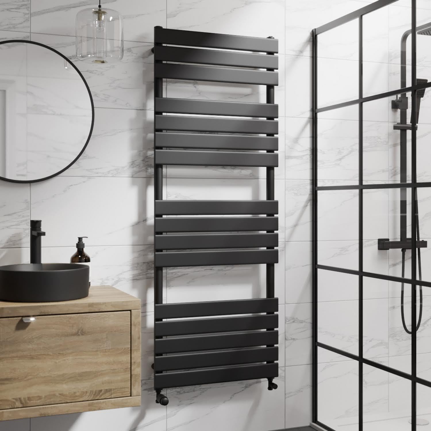 Duratherm Black Duratherm® 1600 X 600Mm Flat Panel Heated Towel Rail Radiator Modern Central Heating Bathroom Warmer Wall Mounted Ladder Rad, Matt
