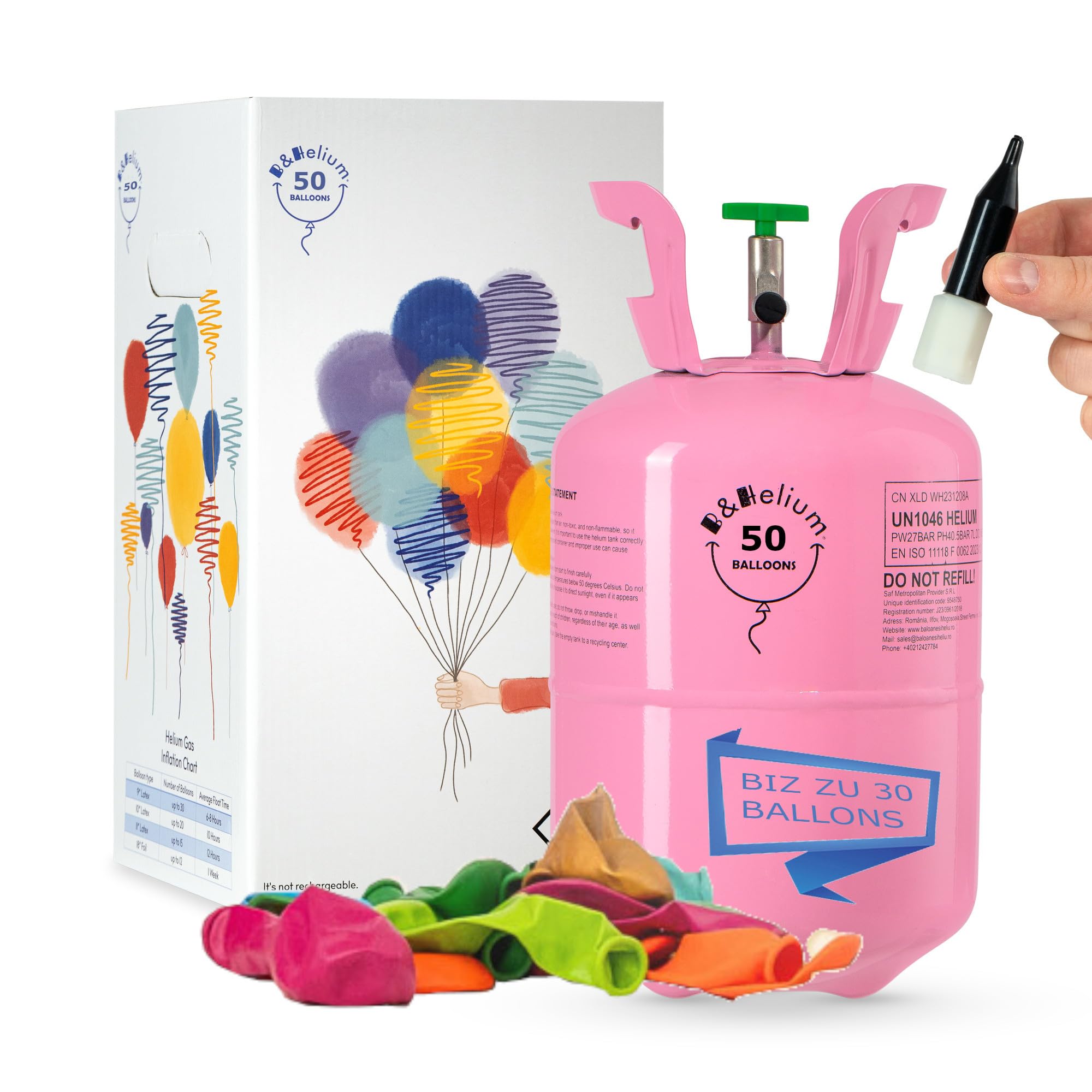 B&Helium – Set mit 50 langlebigen Ballons und Geschenkband – Inklusive Füllventil, mehrfarbigen Ballons und hochwertigem weißem Band – Ideal zur Dekoration von Partys und verschiedenen Veranstaltungen
