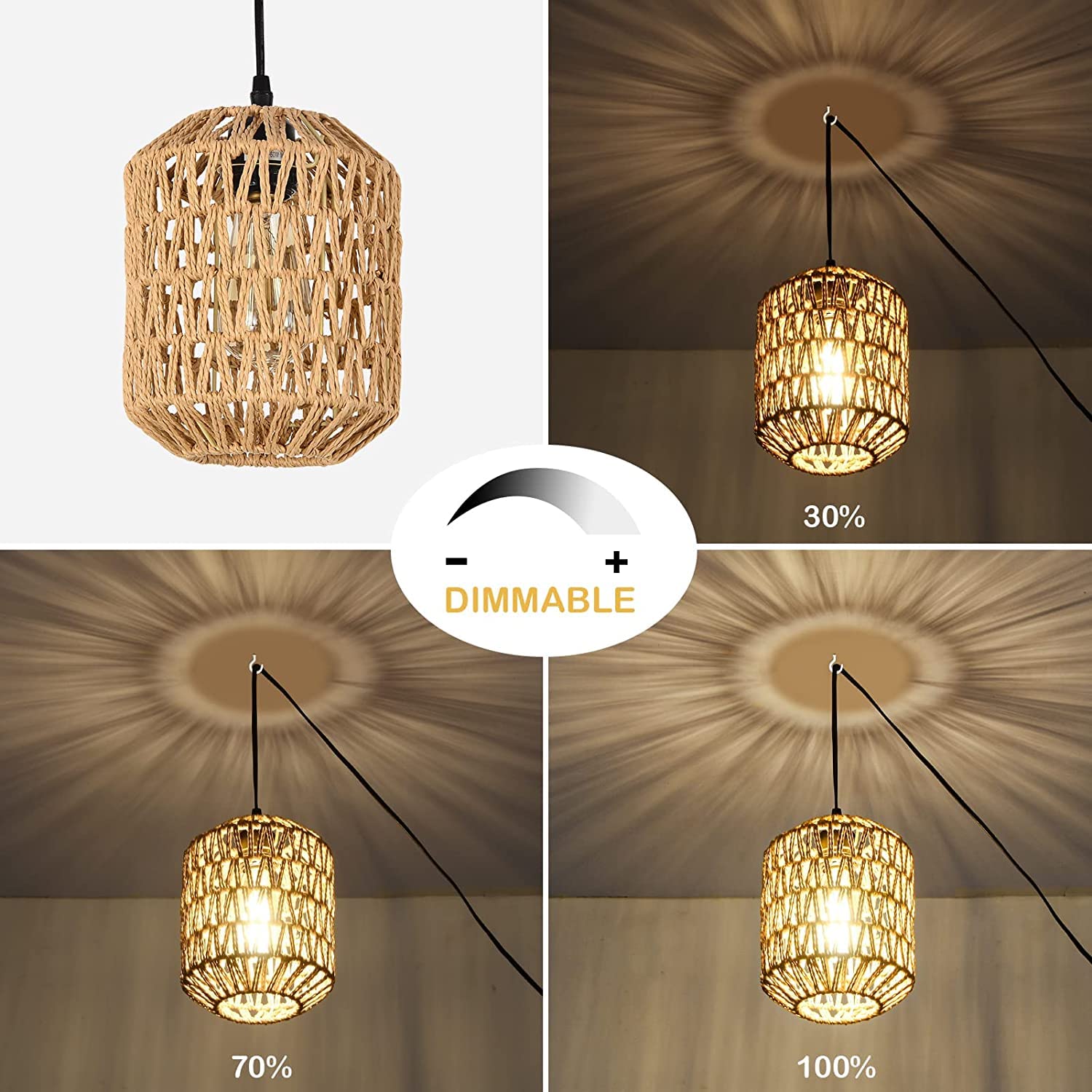 E27 Vintage Lampa Wisząca z Wtyczką i Kablem 4.5M, Ø18cm | Retro Lampa Wisząca z Przełącznikiem Ściemnialnym, Osłona Lampowa z Liny Konopnej DIY, Wewnętrzna/Zewnętrzna Lamp