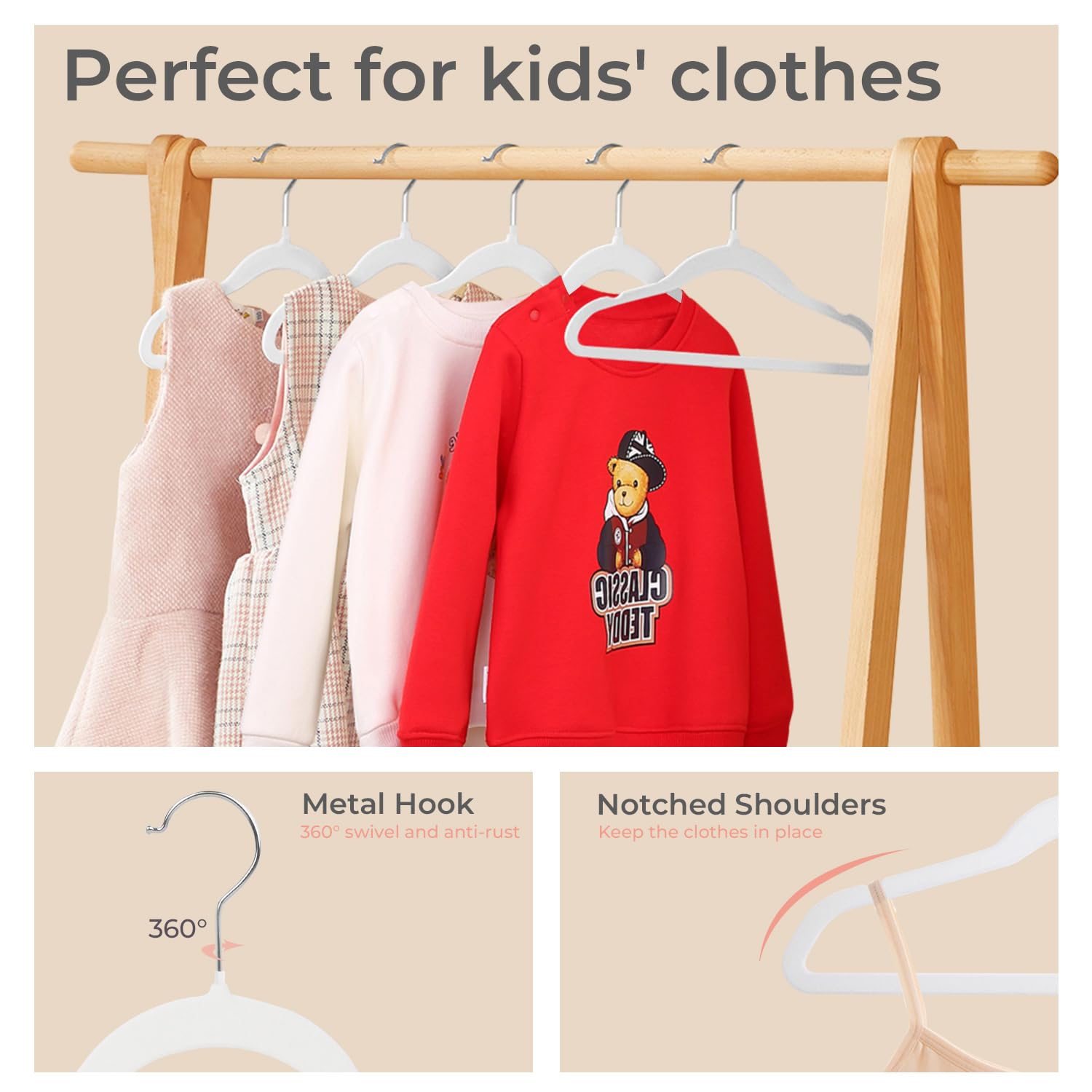 ManGotree Kids Velvet Hangers, Non-Slip Children's Clothes Hangers, Space Saving Schoolchild Hanger with Swivel Hook - Image 3