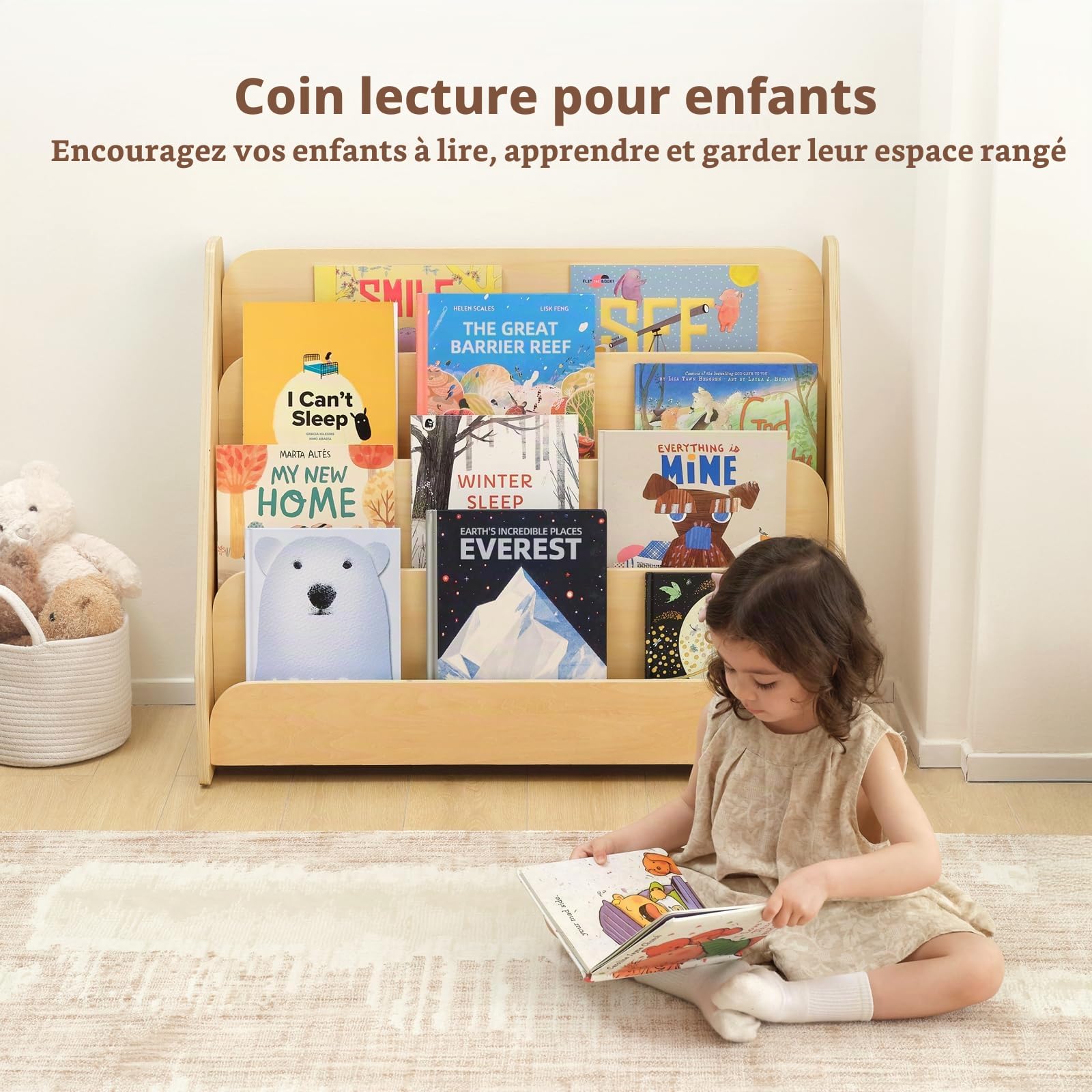 OOOK Étagère à livres pour Enfants, Présentoir Frontal en Bois à 4 Niveaux, Bibliotheque Enfant, Meuble Rangement Livre Enfant adapté à la salle de classe et à la salle de jeux