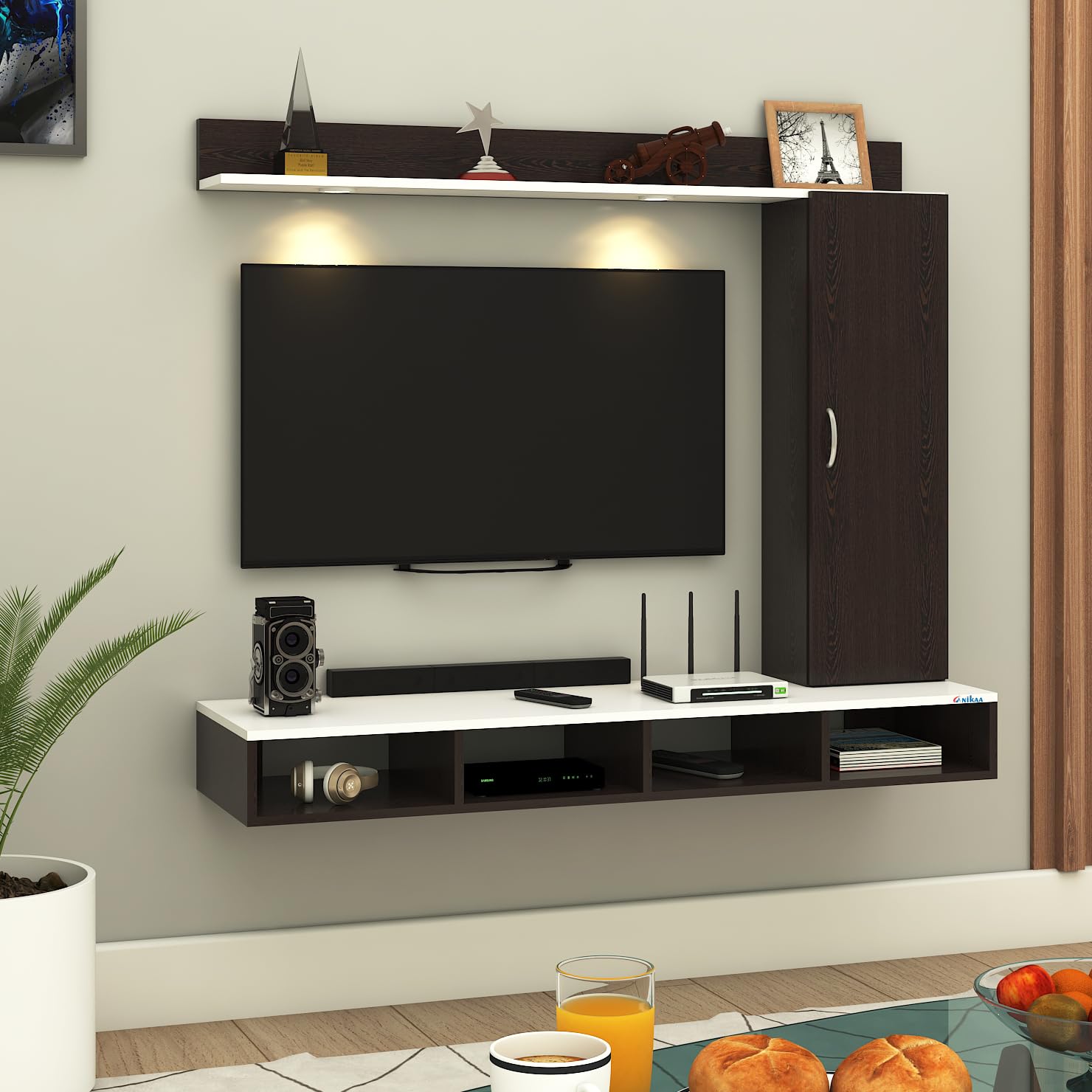 Anikaa Dorex Engineered Wood Wall Mounted TV Unit with LED Lights, Storage Cabinet & Display Shelf for Living Room | Ideal for Upto 43 Inch TV- Wenge/White(DIY Installation)