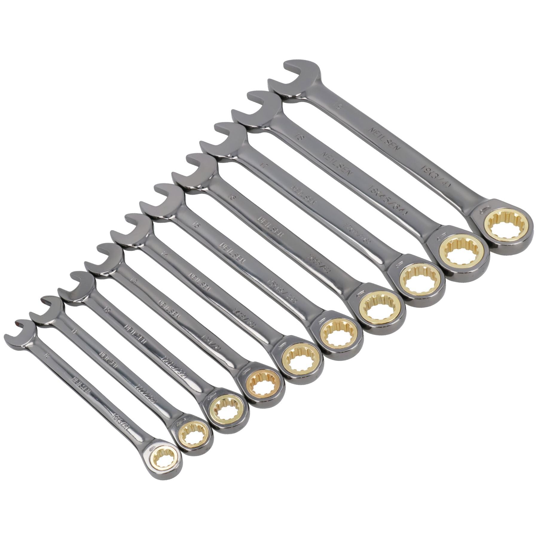 AB Tools Narzędzia Metric + SAE klucz płasko-oczkowy z grzechotką, zestaw kluczy płasko-oczkowych 10 – 19 mm 3/8'' – 3/4''