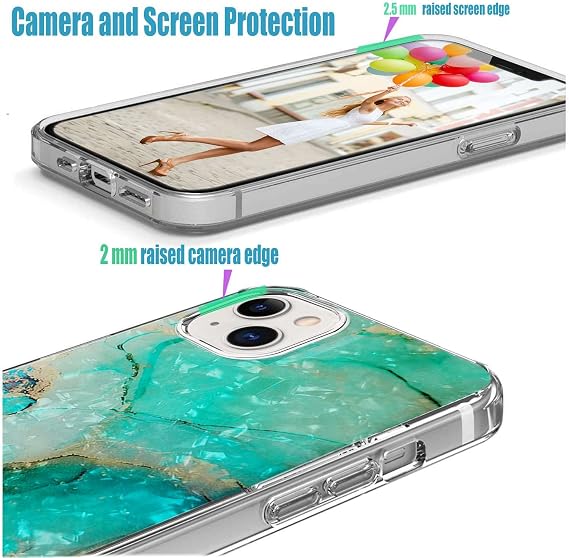 for iPhone 14 Plus Case for Women Girl Men,Full Protective Shockproof Slim Soft TPU Clear Phone Cover Cases with Design for iPhone 14 Plus,Glitter Sparkle Shiny Pearl Luster Gold Green Marble