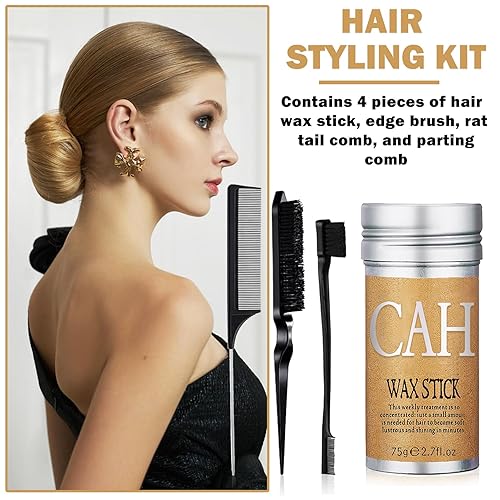 Miniatura 2 de CAHIUYOA Varilla de cera para el cabello, barra de cera para el cabello para Flyaways, 3 cepillos de control de bordes, palillos para cabello de