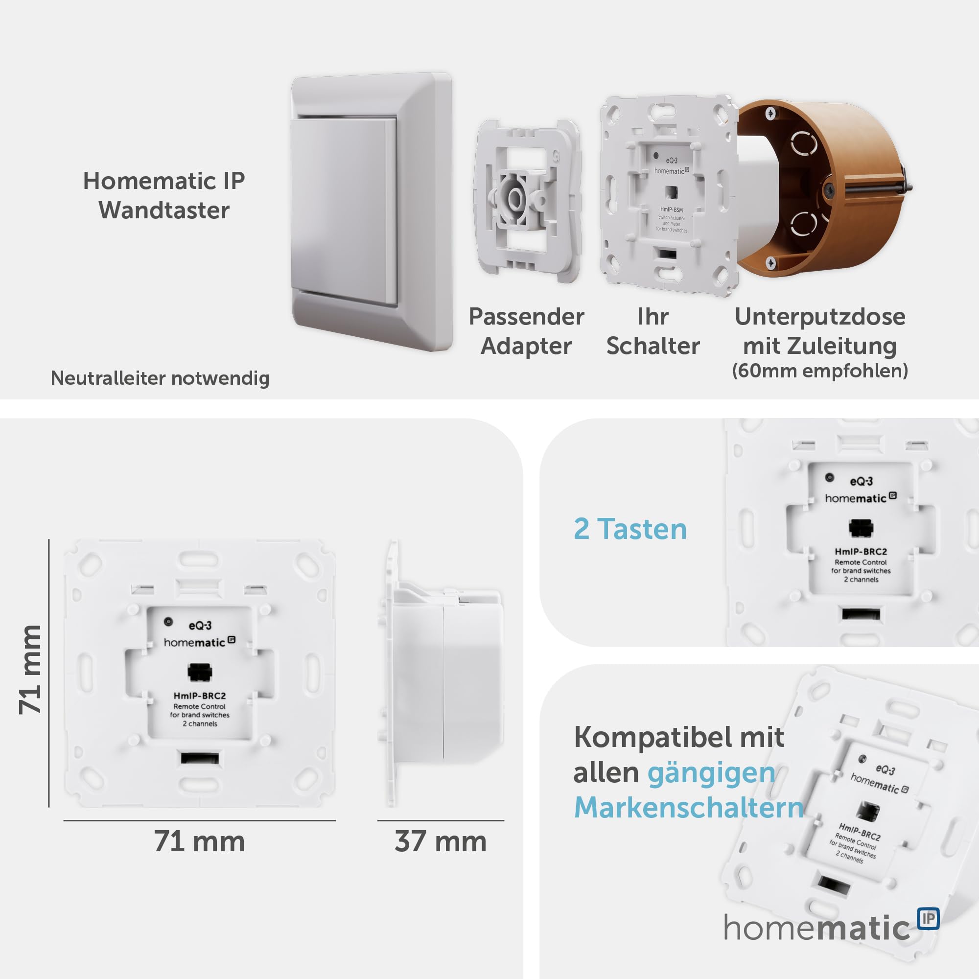 Homematic IP Smart Home Wandtaster für Markenschalter – 2-fach, zwei Tasten schalten Aktoren und Thermostate, Wandschalter, Zubehör für Ihr Homematic IP Smart Home, universell, 152000A0