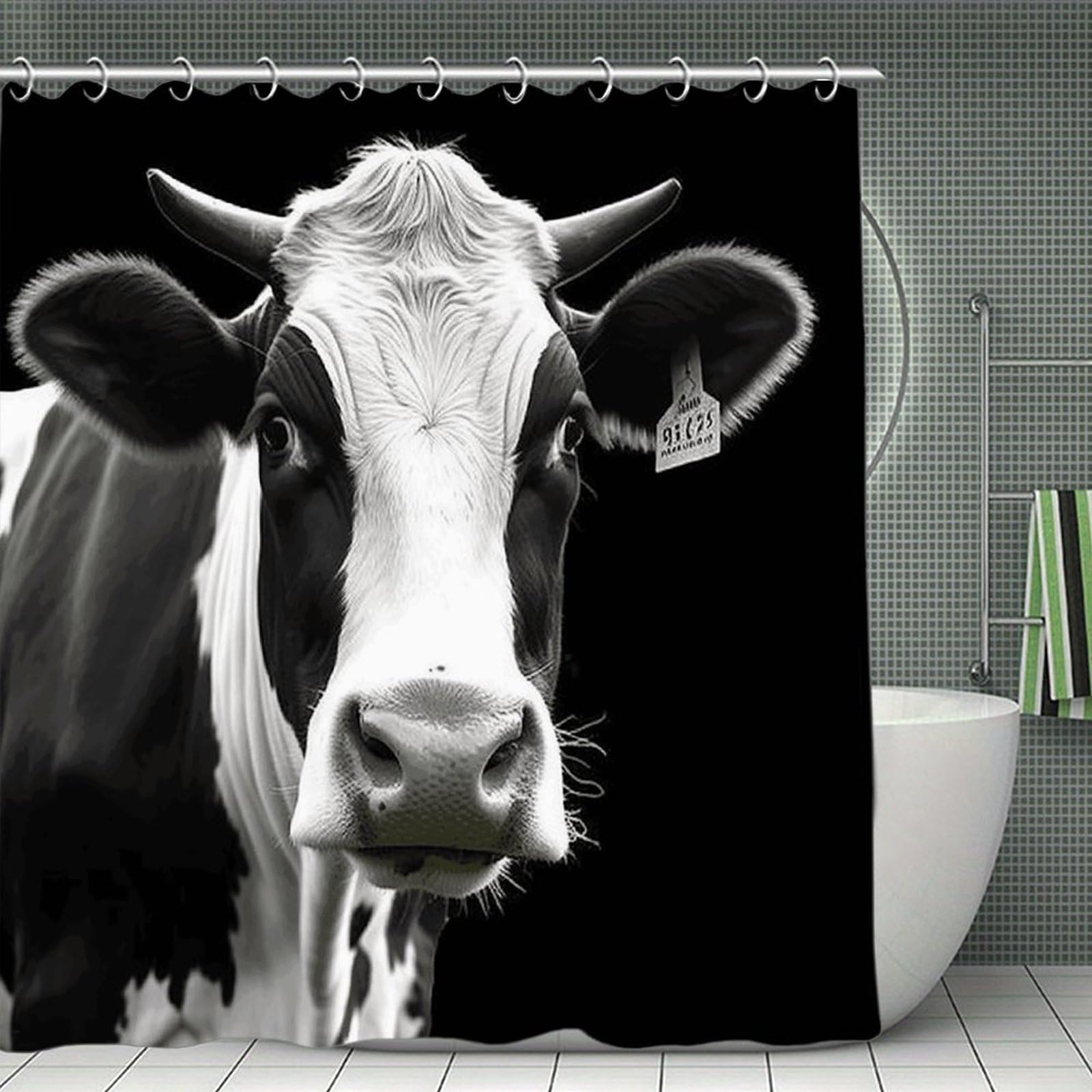 VstaDank Animal Funny Cow Head Black White Shower Curtain Light-Weight Blackout Bathroom Curtain Washable Shower Liner 71x71 Inch Bath Curtain with Metal Holes Bathtub Bath Room