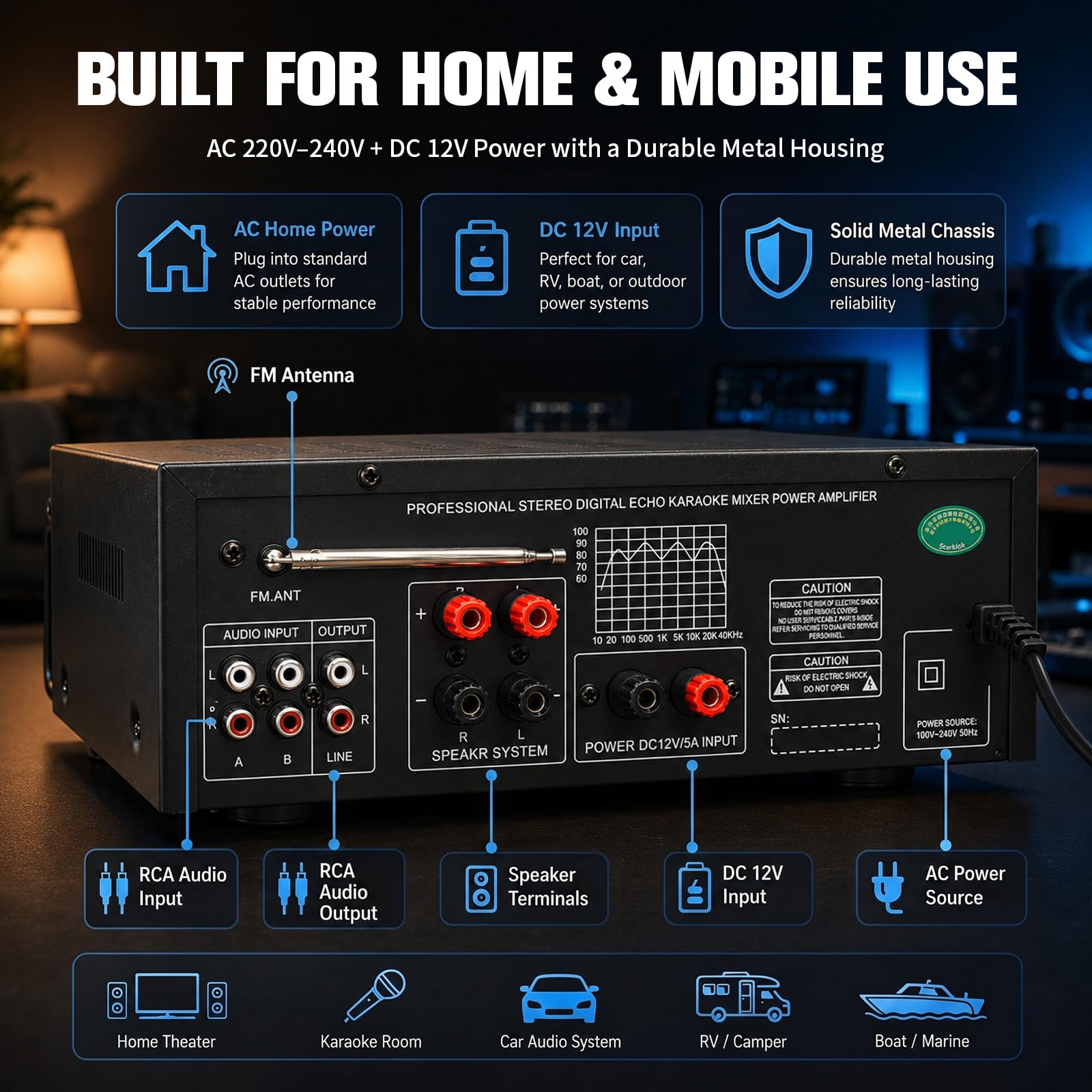 Amplificatore stereo HiFi da 2000 W, subwoofer Home Theater, amplificatore con Bluetooth 5.4, ricevitore audio FM, USB, SD, AUX, karaoke, mixer equalizzatore a 10 bande, 4 ingressi microfono, uscita