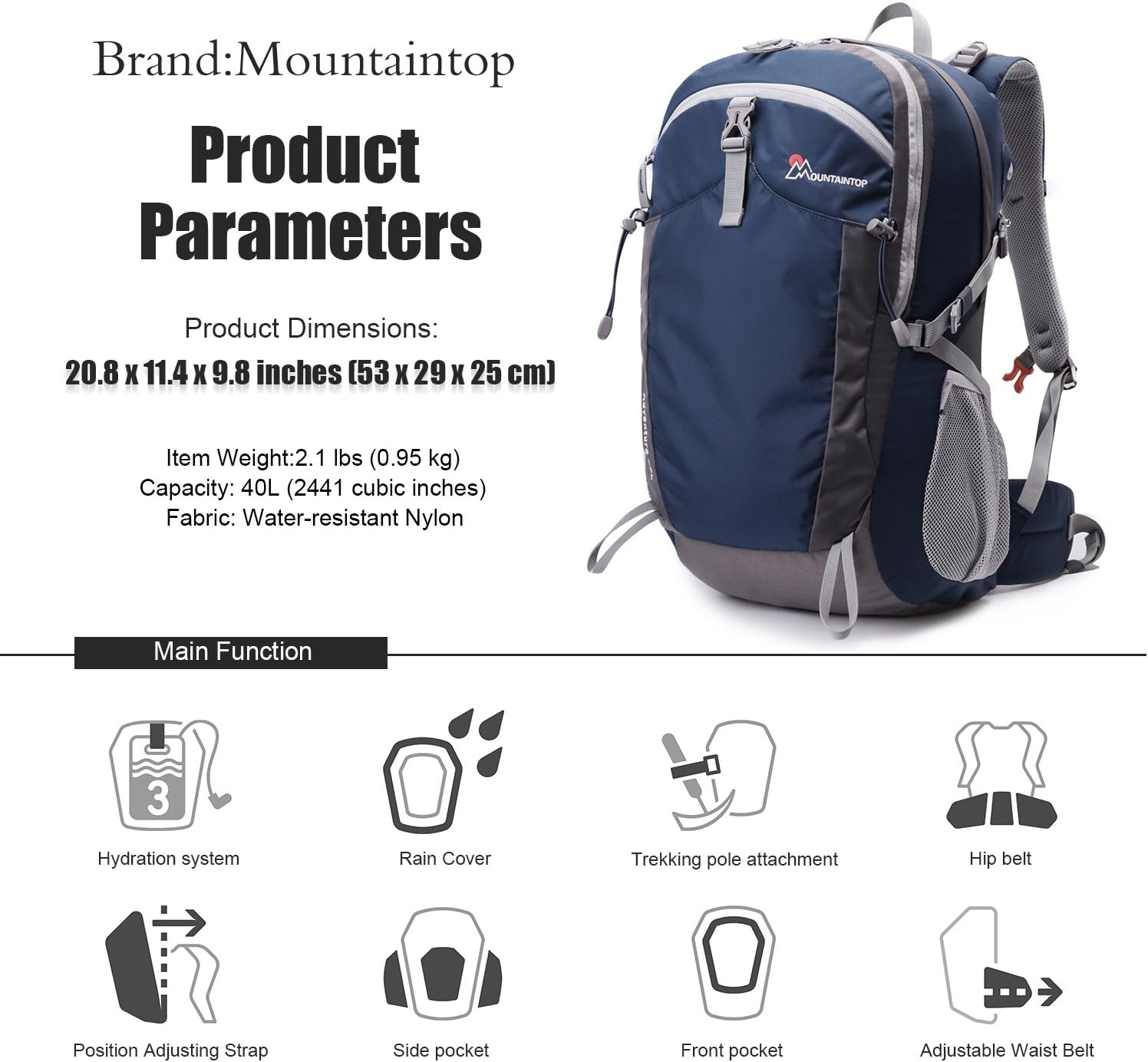 MOUNTAINTOP 40L Unisex Hiking Backpack Water Resistant Travel Backpack for Outdoor 6191-royalblue One Size