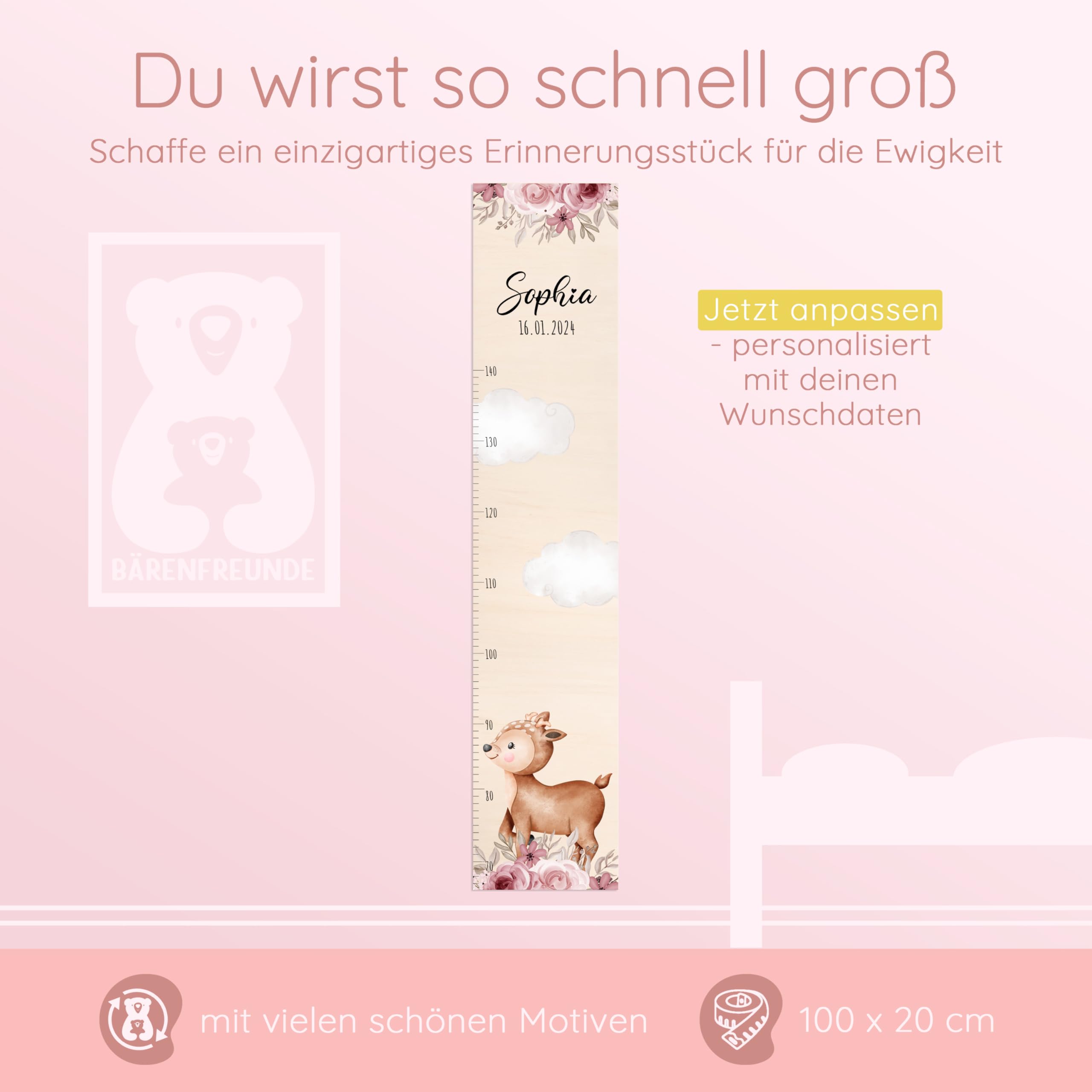 Bärenfreunde® - Personalisierte Messlatte Kind Holz zum Kleben oder Aufhängen - Skala 70-140cm - Süße Dekoration für Baby- & Kleinkinderzimmer (Kinder 70-140cm, Reh Blumen)